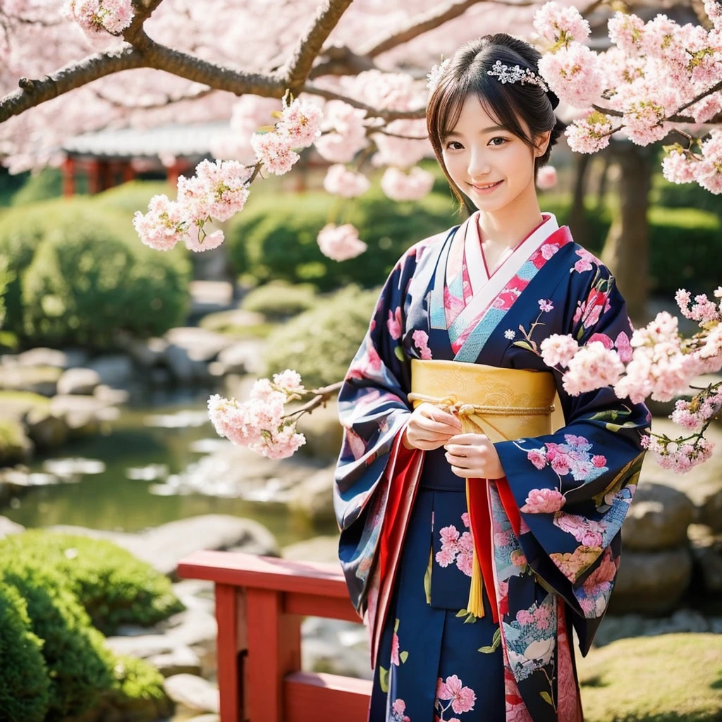 An 18-year-old woman、Wearing a beautiful kimono。Her kimono is、Decorated with traditional patterns and colors、like々It brings out the charm of the。Her posture is graceful、Her hair is elegantly tied up、It matches with the kimono。In the background、There is a beautiful Japanese garden and cherry blossom trees.、Japanese beauty and elegance、A smile is、It is clear and attractive、The style is outstanding、Symbolizing the fusion of tradition and modernity、Beautiful Japanese Culture
