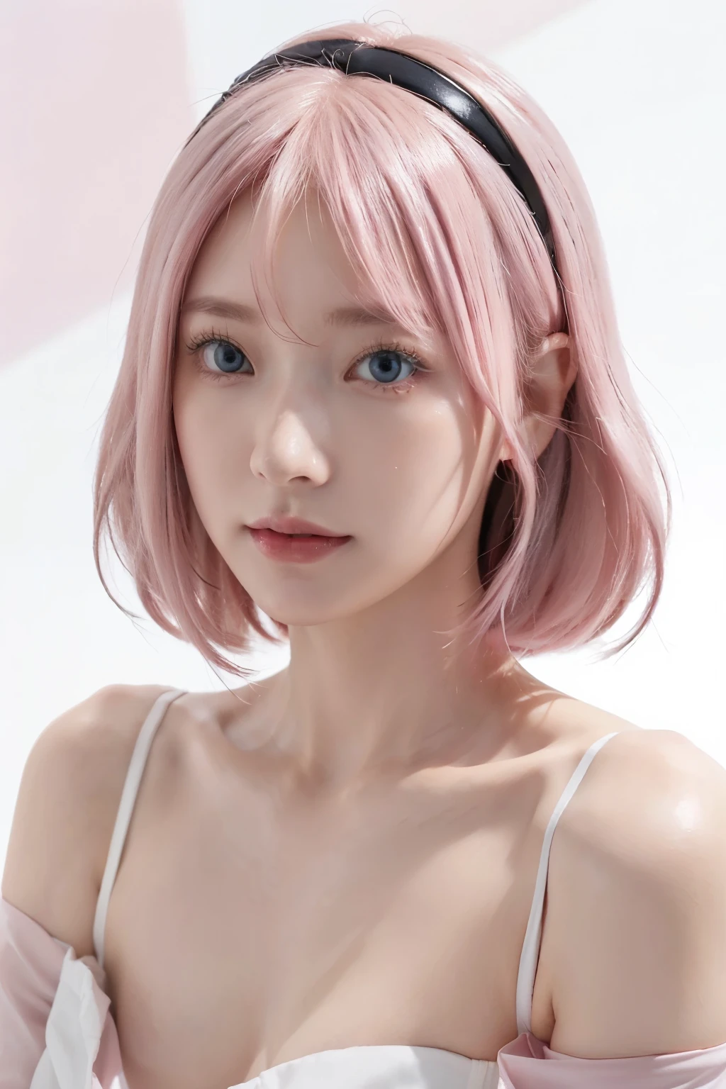 1 girl, NSFW:1.4, ((Full body Shot)), (White background ), ((8K, HDR, Masterpiece: 1.4)), (Professional Photoshoot, sharp:1.2), Perfect dynamic composition, Natural colour, Perfect Light, Soft Shadow, (8K White Backdrop Background), (Sexy body:1.4), ((Random Japanese Women Hairstyle:1.4, Huge breast:1.1)), Ultra detail face and skin, Perfect Asian white skin, (Detailed skin:1.3),(Latex skin:0.4), (Perfect Glossy Skin:0.6), Sexy pose, Looking at the camera, Ayumi Shiramori, 30 year old, weight 45 kg, height 165cm, ((Pinkhair, sky blue eyes )),beautiful eyes, round eyes, pretty face, Blushing face, glossy lips, high nose bridge, lustrous eyes, a face of perfect proportion, realistic humid skin, Exquisite Expression, Instagram idol,, tmasterpiece, Best quality at best, 1girll, Sakura Haruno, Large breasts,Off-the-shoulder attire,(cleavage),(upperbody closeup),Raised sexy,is shy,ssmile,with pink hair, long whitr hair,