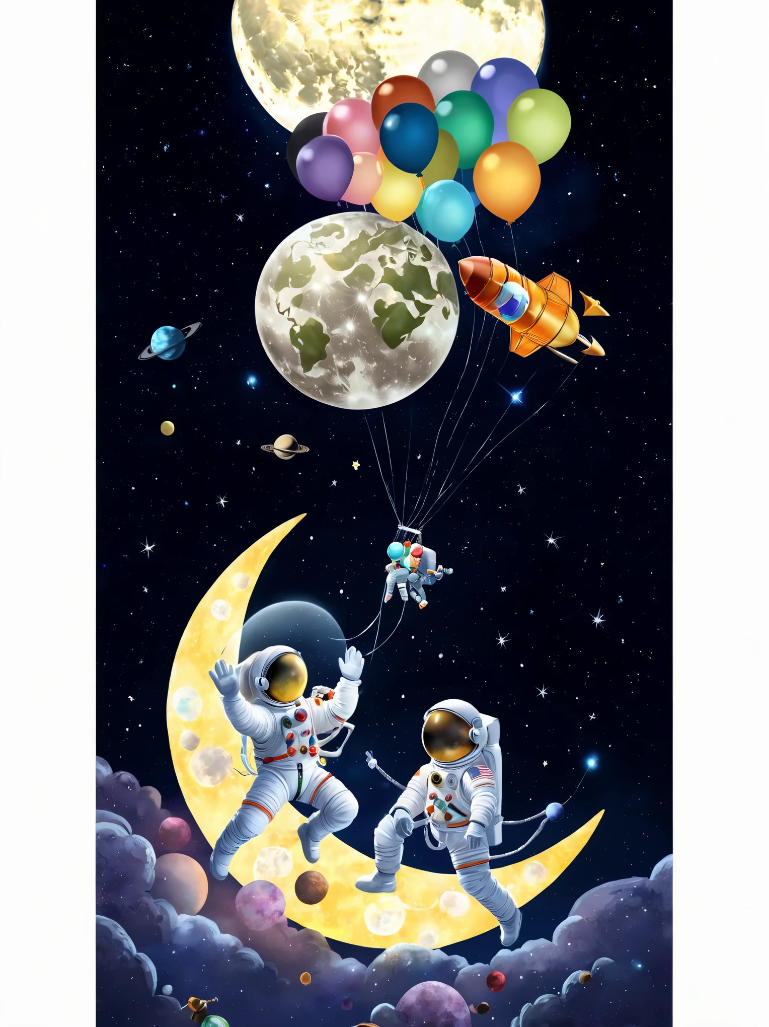 astronaut on the moon with balloons in the sky, Space travelling, Floating next to the planet,  astronaut, an astronaut relaxing in space, Hand drawn cartoon art style, floating in space, Floating in outer space, astronaut on the moon, of Space travelling, floating in space, Flying in space, a clown floating in space, sit on the moon, Balloon in space theme hand with earth，saturn，Mars，Pluto