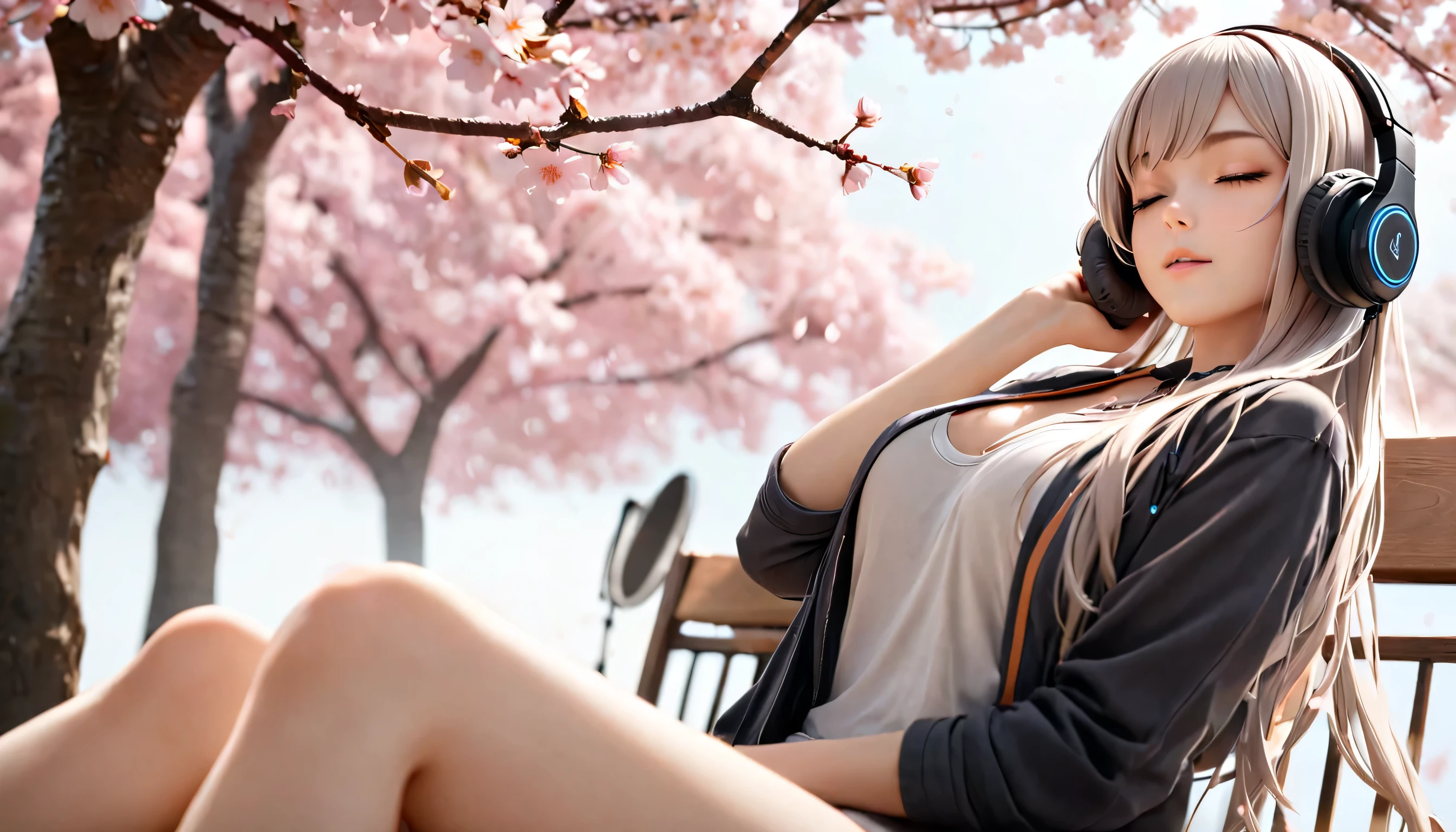 ((best quality)), ((masterpiece)), (detailed), perfect face, sitting under the cherry blossom tree, listening to music, One woman, wearing headphones, eyes closed, wearing underwear