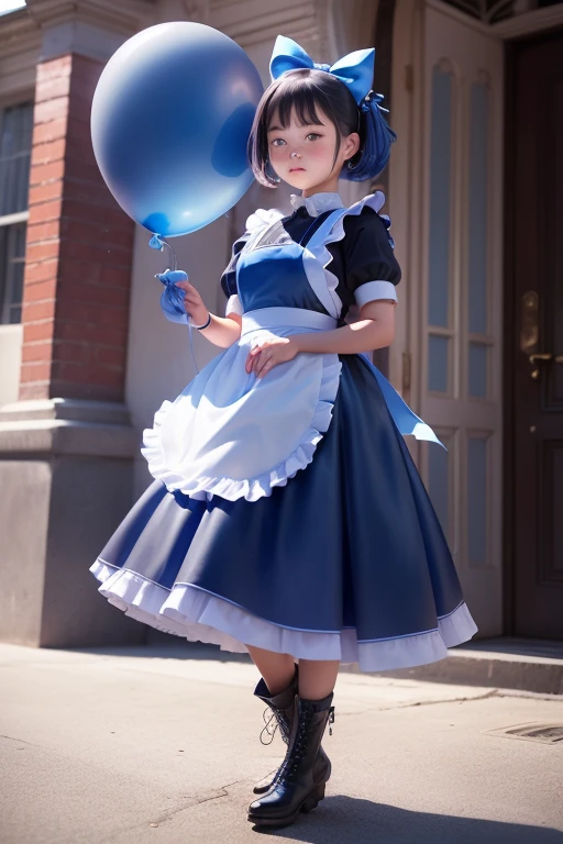 balloon seller girl, a ************ girls, (((she is having a blue balloon))) , real photo, (((full body))), (looking down at me),  bob hair, big ribbon on he hair, (apron, leather long skirt, boots), 