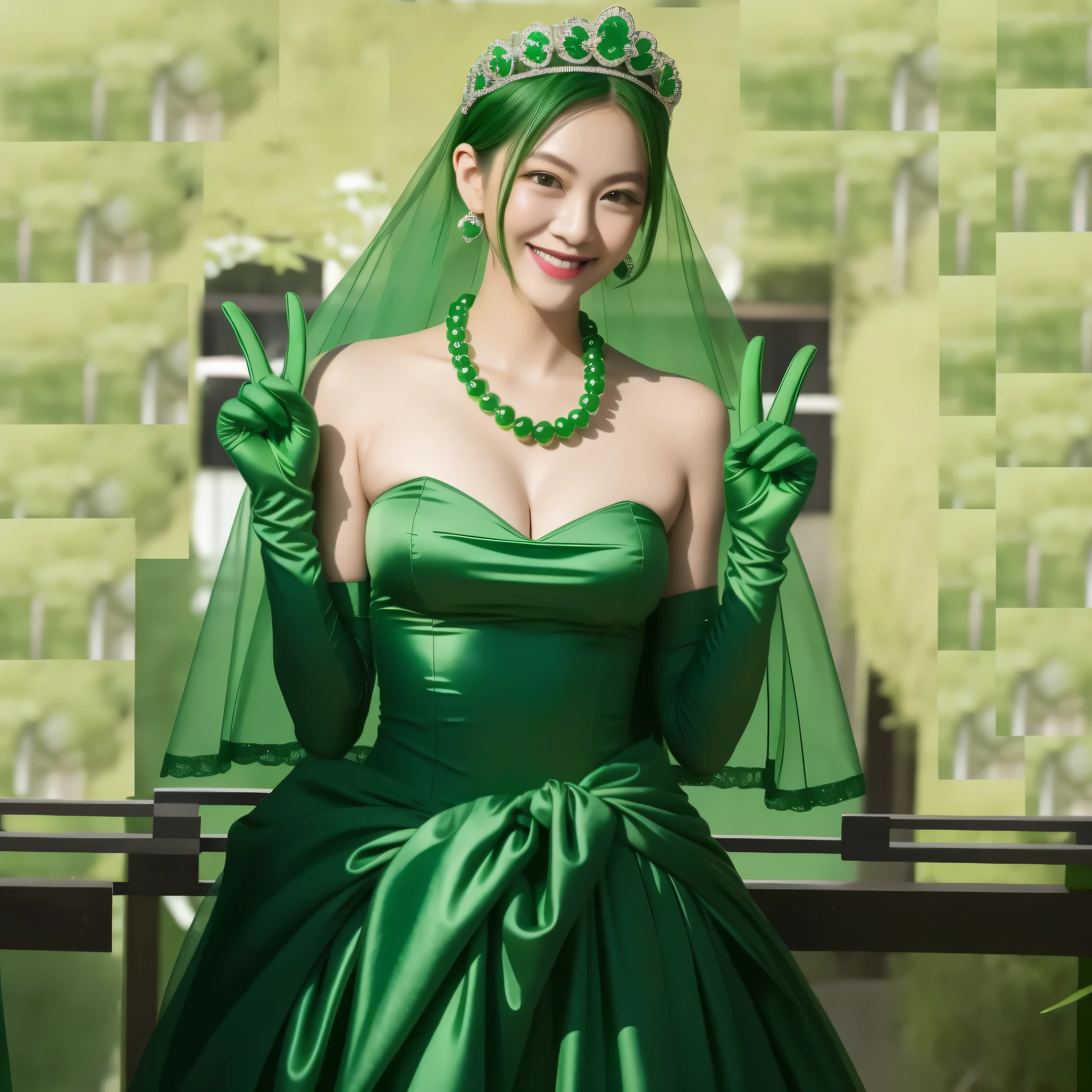 emerald tiara, green pearl necklace, boyish very short green hair, green lips, smiling Japanese woman, very short hair, Beautiful woman with big breasts, green eyes, green satin long gloves, green eyes, emerald earrings, green veil, Heart with both hands, green hair, beautiful japanese woman, V sign, green lip gloss