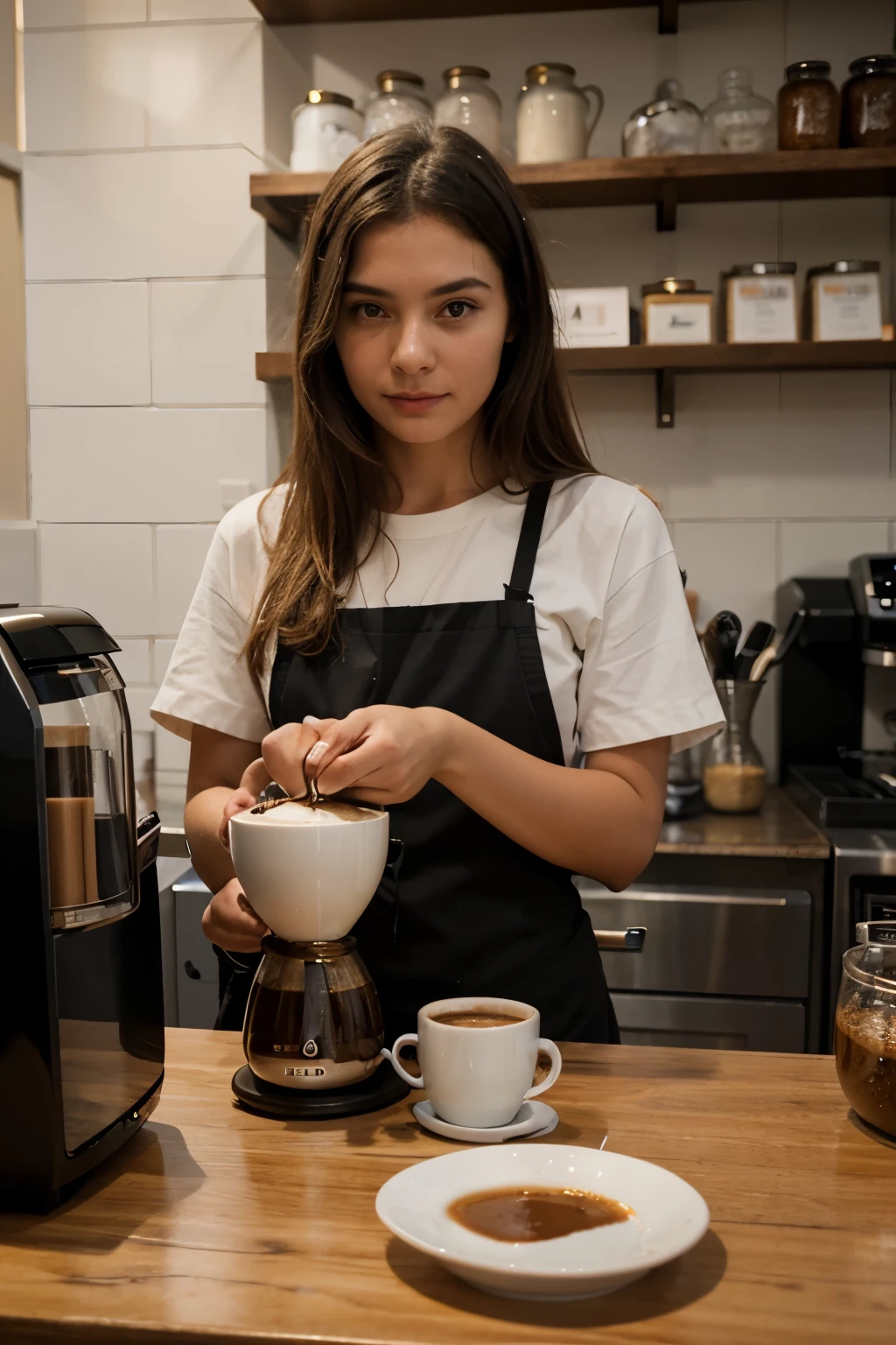 ((best quality)), ((masterpiece)), (detailed), perfect faceimage of a girl who owns a coffee shop, shop image,The girl is making coffee Opposite her was a homeless man