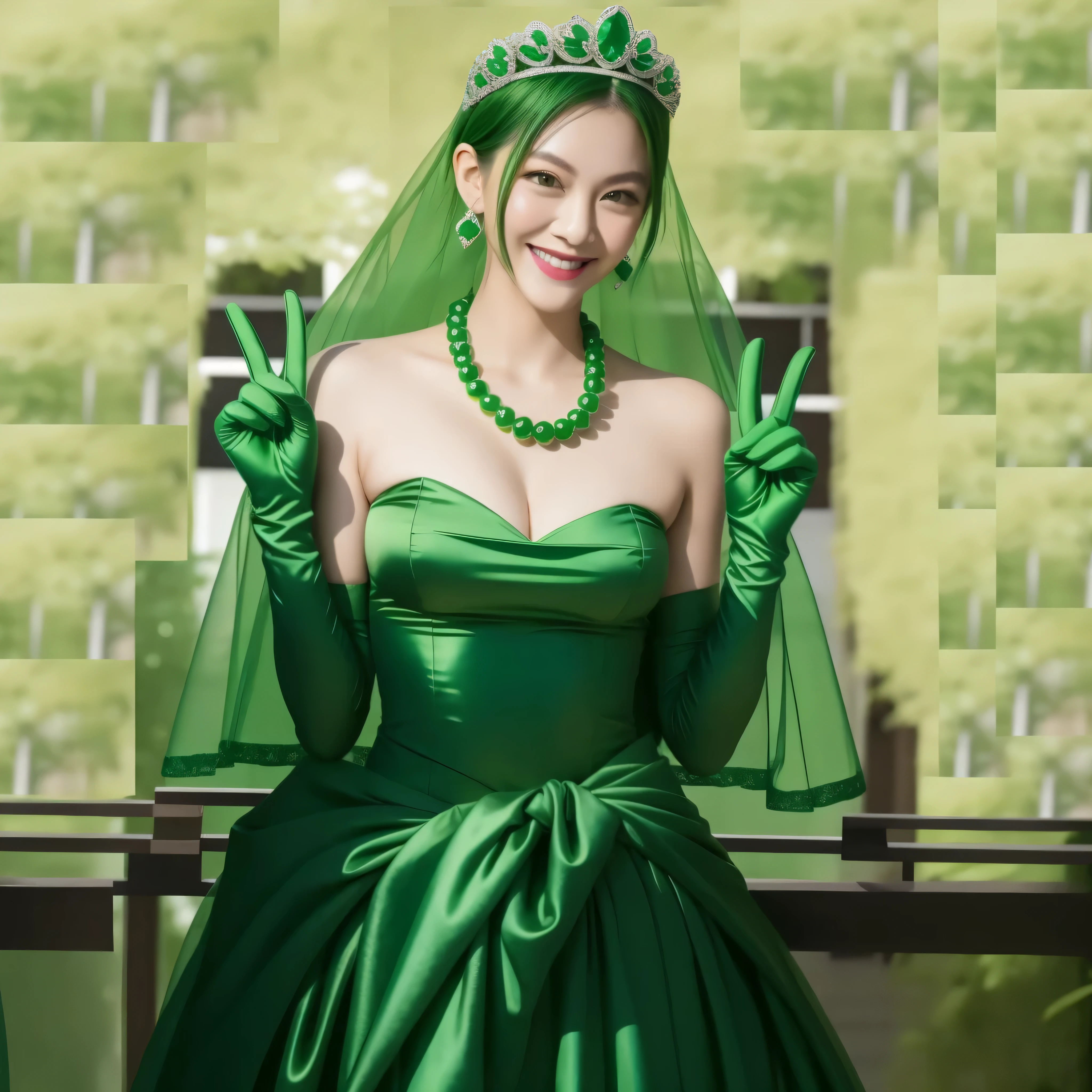 emerald tiara, green pearl necklace, boyish very short green hair, green lips, smiling Japanese woman, very short hair, Beautiful woman with big breasts, green eyes, green satin long gloves, green eyes, emerald earrings, green veil, Heart with both hands, green hair, beautiful japanese woman, V sign, green lip gloss