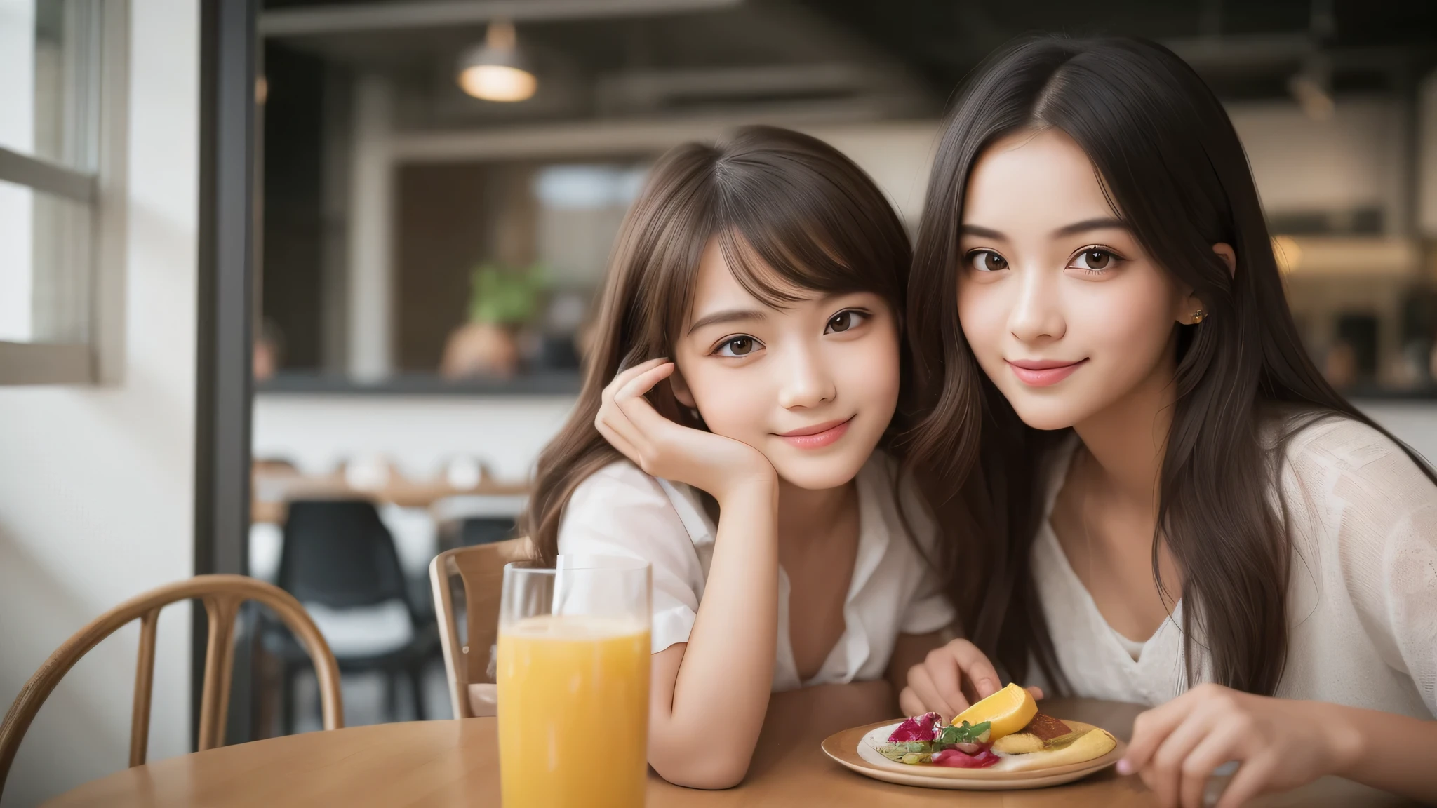 (2girl), 17yo, beautiful face, Amazing face and eyes, delicate, (Best Quality:1.4), (Ultra-detailed), (extremely detailed beautiful face), cute smile, brown eyes, (highly detailed Beautiful face), (extremely detailed CG unified 8k wallpaper), Highly detailed, High-definition raw color photos, Professional Photography, Realistic portrait, Extremely high resolution, modern, trendy, fashionable, cafeteria, stylish interior, city,