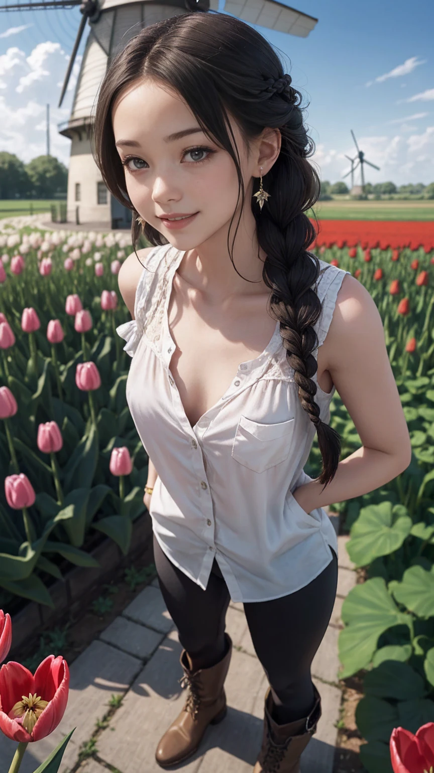 最high quality, 8K, masterpiece: 1.3, Ultra HD, high quality, 最high quality, High resolution, realism)) 、slender、slenderだがアスリートのような細マッチョ、I don't want my head to disappear from the screen.、Wear accessories on your wrist、Wearing red nail polish、I have a peticure、aerial perspective((atmospheric perspective))、smile((smiley))、background blur((depth of field)、Wear a sleeveless shirt、wear leggings、Wear short boots、crystal earrings((crystal earrings))、chest pocket、Netherlands((Nederland))A waterway, a windmill and a tulip field on the plains of、Blue sky beautiful、Multi braid((multiple braids))