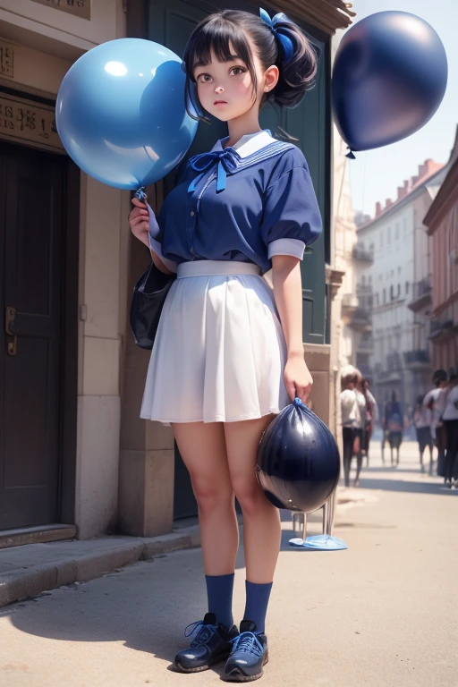 balloon seller girl, a ************ girls, (((she is having a blue balloon))) , real photo, (((full body))), (looking down at me),  bob hair, big ribbon on he hair, navy uniform, 