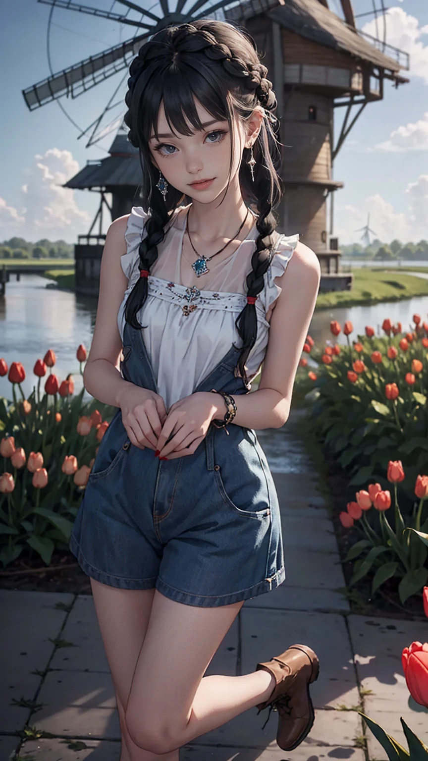 最high quality, 8K, masterpiece: 1.3, Ultra HD, high quality, 最high quality, High resolution, realism)) 、slender、slenderだがアスリートのような細マッチョ、I don't want my head to disappear from the screen.、Wear accessories on your wrist、Wearing red nail polish、I have a peticure、aerial perspective((atmospheric perspective))、smile((smiley))、background blur((depth of field)、Wear a sleeveless shirt、wear leggings、Wear short boots、crystal earrings((crystal earrings))、chest pocket、Netherlands((Nederland))A waterway, a windmill and a tulip field on the plains of、Blue sky beautiful、Multi braid((multiple braids))