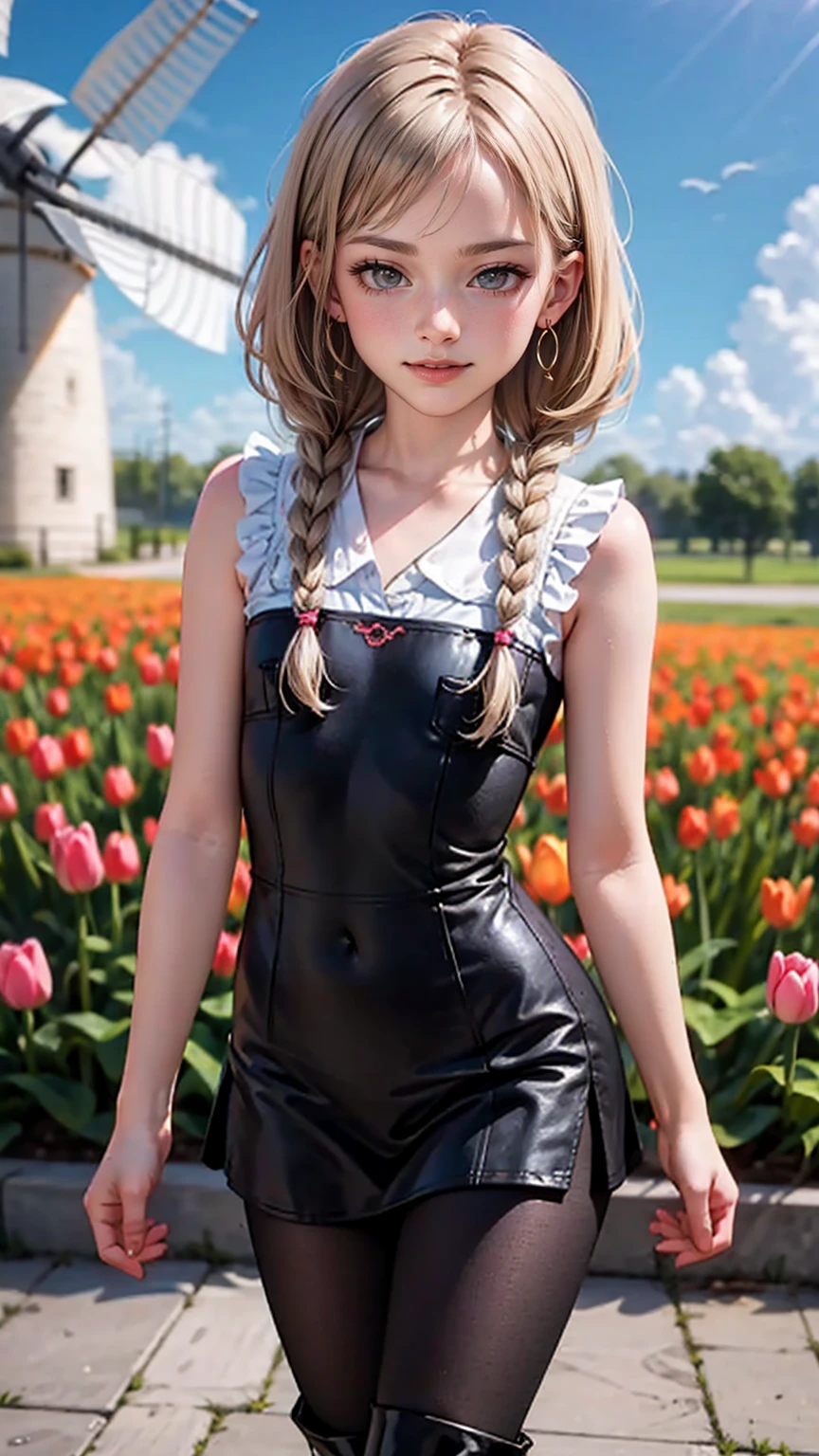 最high quality, 8K, masterpiece: 1.3, Ultra HD, high quality, 最high quality, High resolution, realism)) 、slender、slenderだがアスリートのような細マッチョ、I don't want my head to disappear from the screen.、Wear accessories on your wrist、Wearing red nail polish、I have a peticure、aerial perspective((atmospheric perspective))、smile((smiley))、background blur((depth of field)、Wear a sleeveless shirt、wear leggings、Wear short boots、crystal earrings((crystal earrings))、chest pocket、Netherlands((Nederland))A waterway, a windmill and a tulip field on the plains of、Blue sky beautiful、Multi braid((multiple braids))