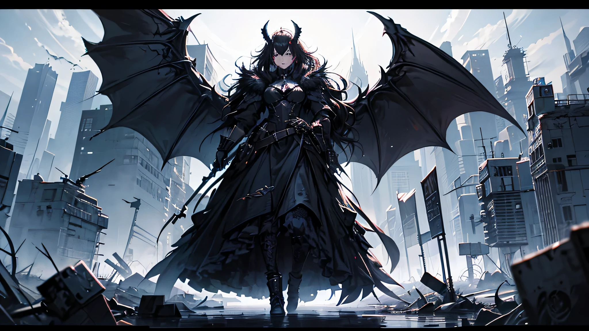 schwarz in der Farbe, Horror hell，Mit Blick，zerrissene Kleidung，Auge schaut nach unten, large bat wings on the back, ansicht von vorne