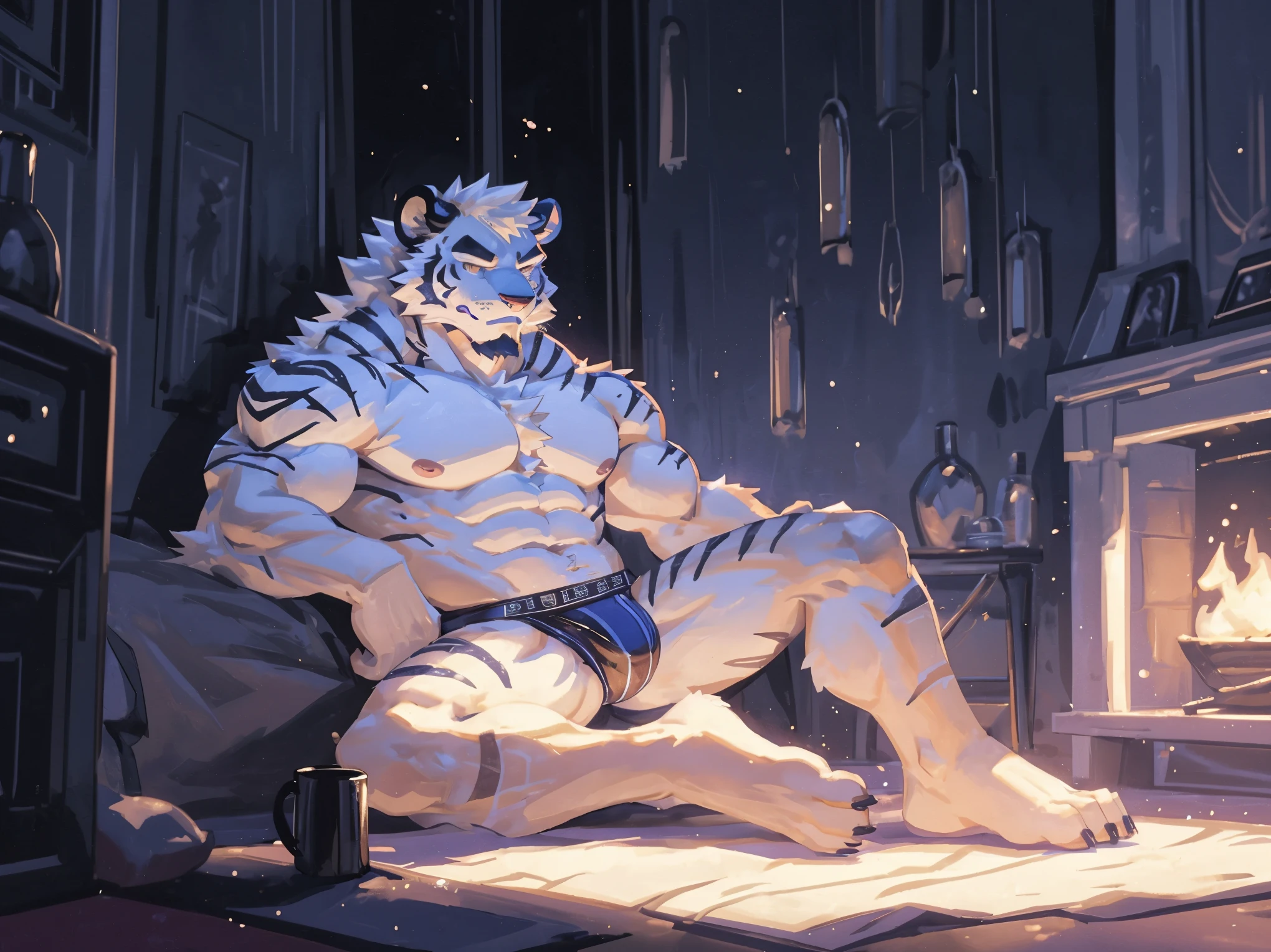(masterpiece:1.2), best quality,pixiv,official art,perfect anatomy, (Ray tracing, light), (ultra deTailed), sharp focus, solo, (1_male:1.3) , (muscle), (white fur:1.6),(muscle white tiger), (beard:1.2), (glowing cyan eyes), Thick eyebrows, (naked:1.1), blanket on the shoulder, (jockstrap:1.3), barefoot, indoor, sitting on sofa , relax hand