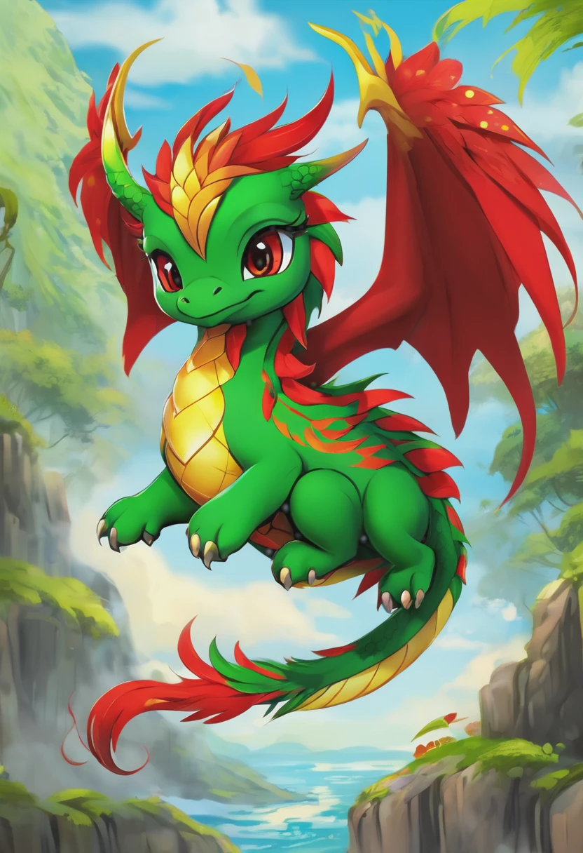 sky , green dragon , red pheonix , cute , chibi , fun