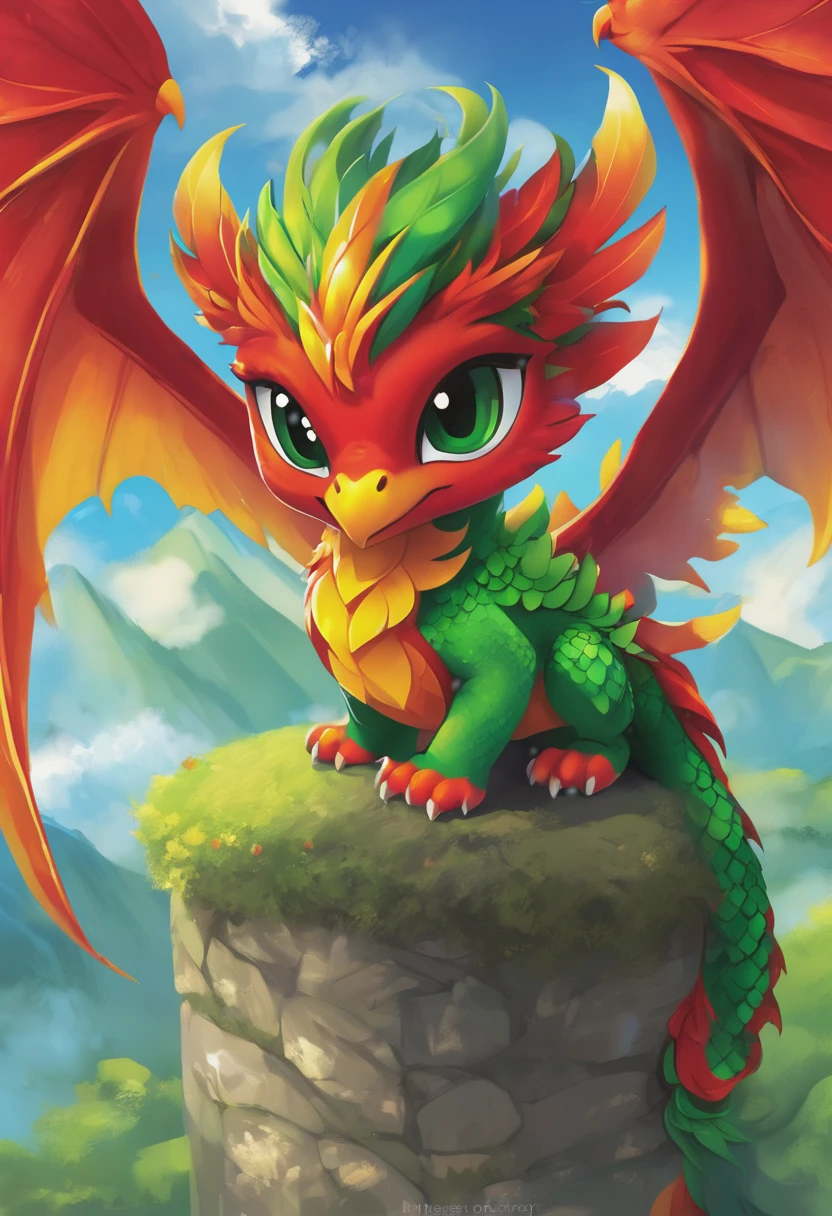sky , green dragon , red pheonix , cute , chibi , fun