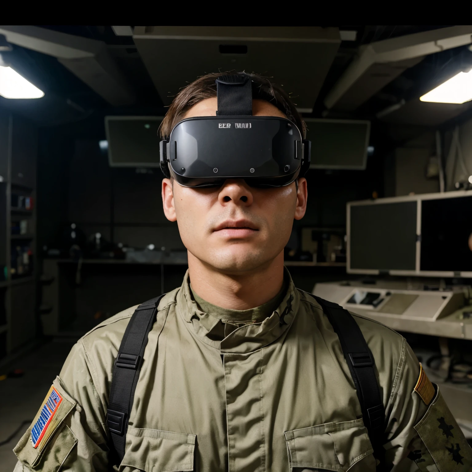 Military man face bomb attack while using virtual reality