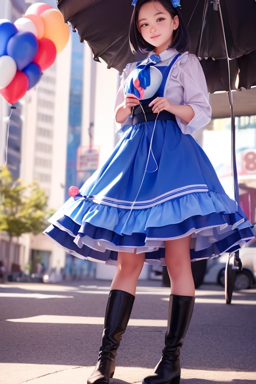 balloon seller girl, a ************ girls, (((she is having a blue balloon))) , real photo, (((full body))), (looking down at me),  bob hair, big ribbon on he hair, (apron, leather long skirt, boots), 