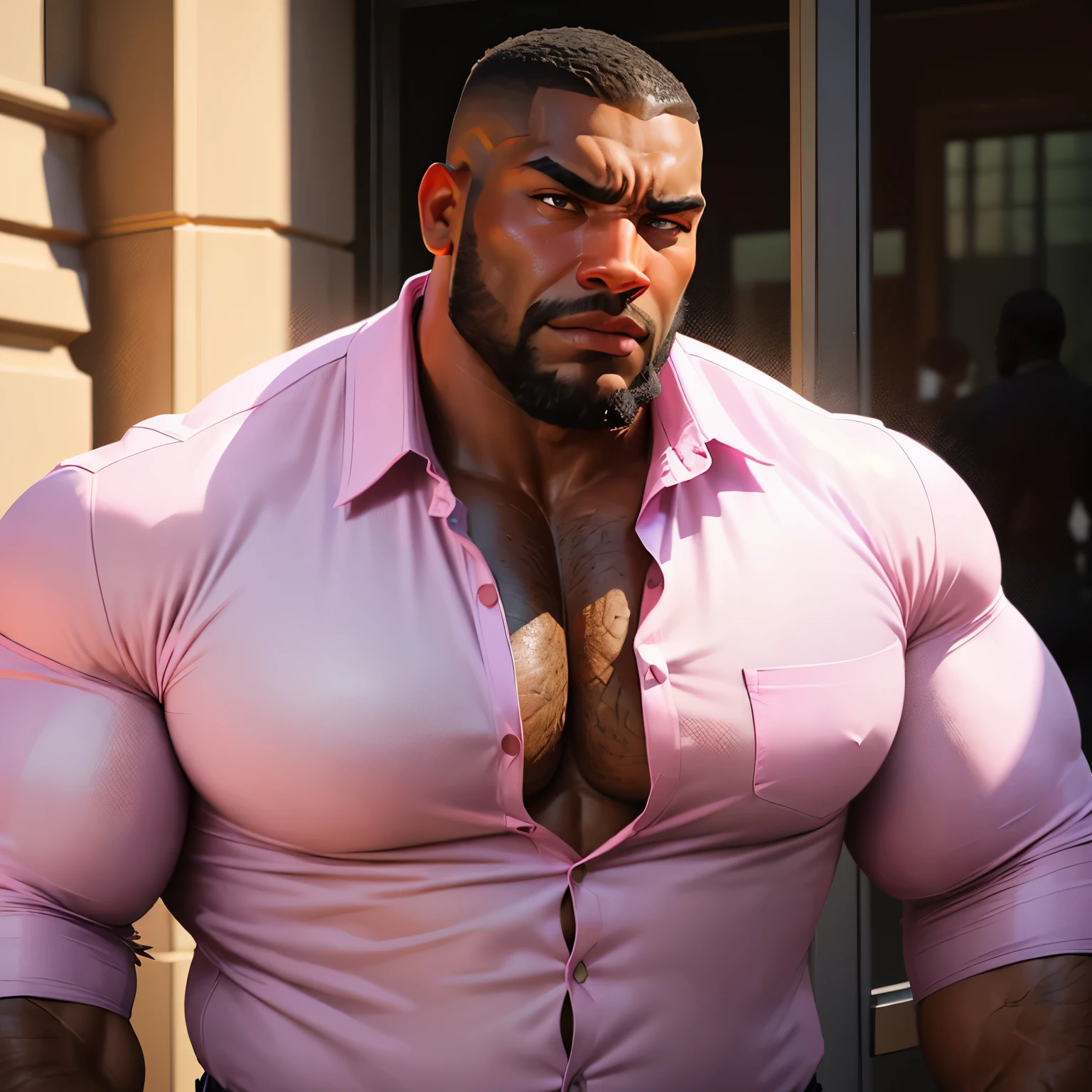an exaggeratedly muscular and large bodyguard, beefy build, beard, dark-skinned african american male, buzzcut hair with square line, annoyed expression, (wearing pink unbuttoned shirt: 1.2), company logo patch on shirt, (bara pecs: 1.3), (arm and chest hair: 1.1), portrait HD, (outside courthouse)
