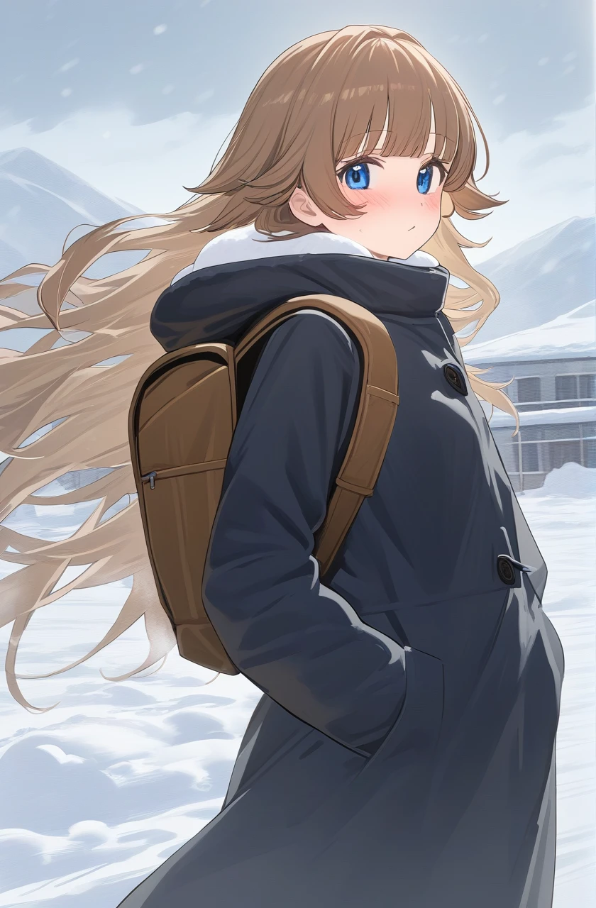 Ciro Ranco, Wallop,
1Girl, long straight brown hair with bangs, blue eyes, looks at the viewer, blush, dressed in a black coat, wears a black backpack on her back, flowing hair, wind, stands outside in the snow, snow, winter, snow is falling, blizzard, hands in pockets, it's light outside, no sun, cloudy, pastel colors, in detail