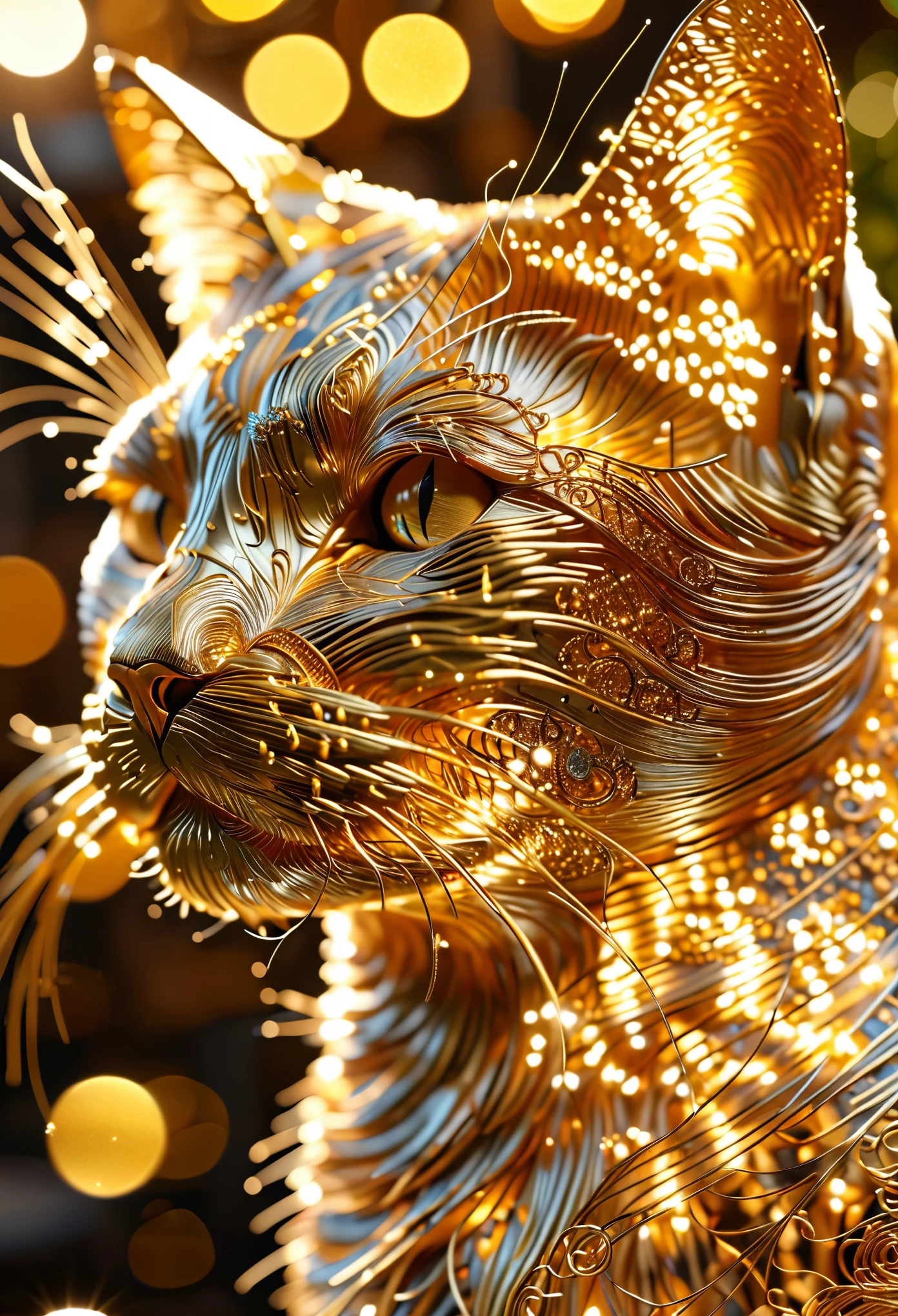 A 3D render of a cat made entirely of intricate golden strands, giving it a complex and detailed structure with a luminescent, shimmering quality. The cat's features are well-defined, with fine golden threads forming its fur, whiskers, and facial details. The image has a cinematic feel, with a shallow depth of field that focuses on the cat's head, while the background has a soft bokeh effect with orbs of light that enhance the cat's glow. The lighting is dramatic and emphasizes the textures and sparkles of the golden threads.