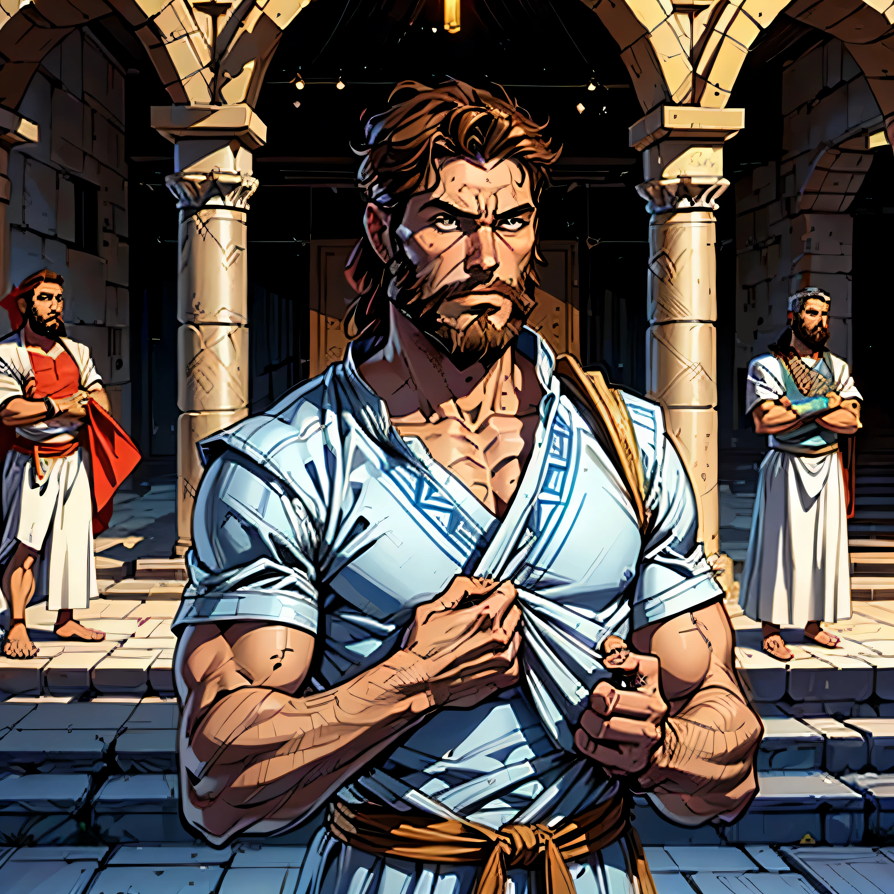best quality image, man 40 years old, Hebrew prophet, short hair, thick beard, wearing animal skin clothing
Hebrew, with nothing in his hands, thin face, look expressing sadness, dejected, standing in the middle of a courtyard, biblical style, Hebrew