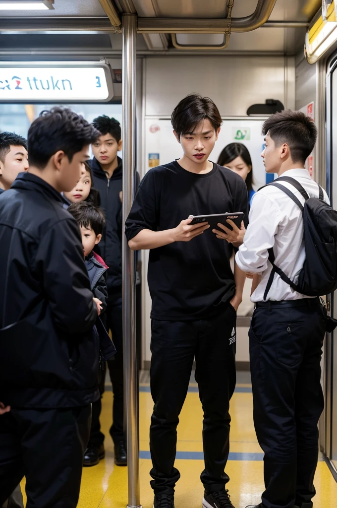 On the subway，Chinese boy，Thief behind the boy，The thief reached into the boy&#39;s trouser pocket，Take your phone away，side view