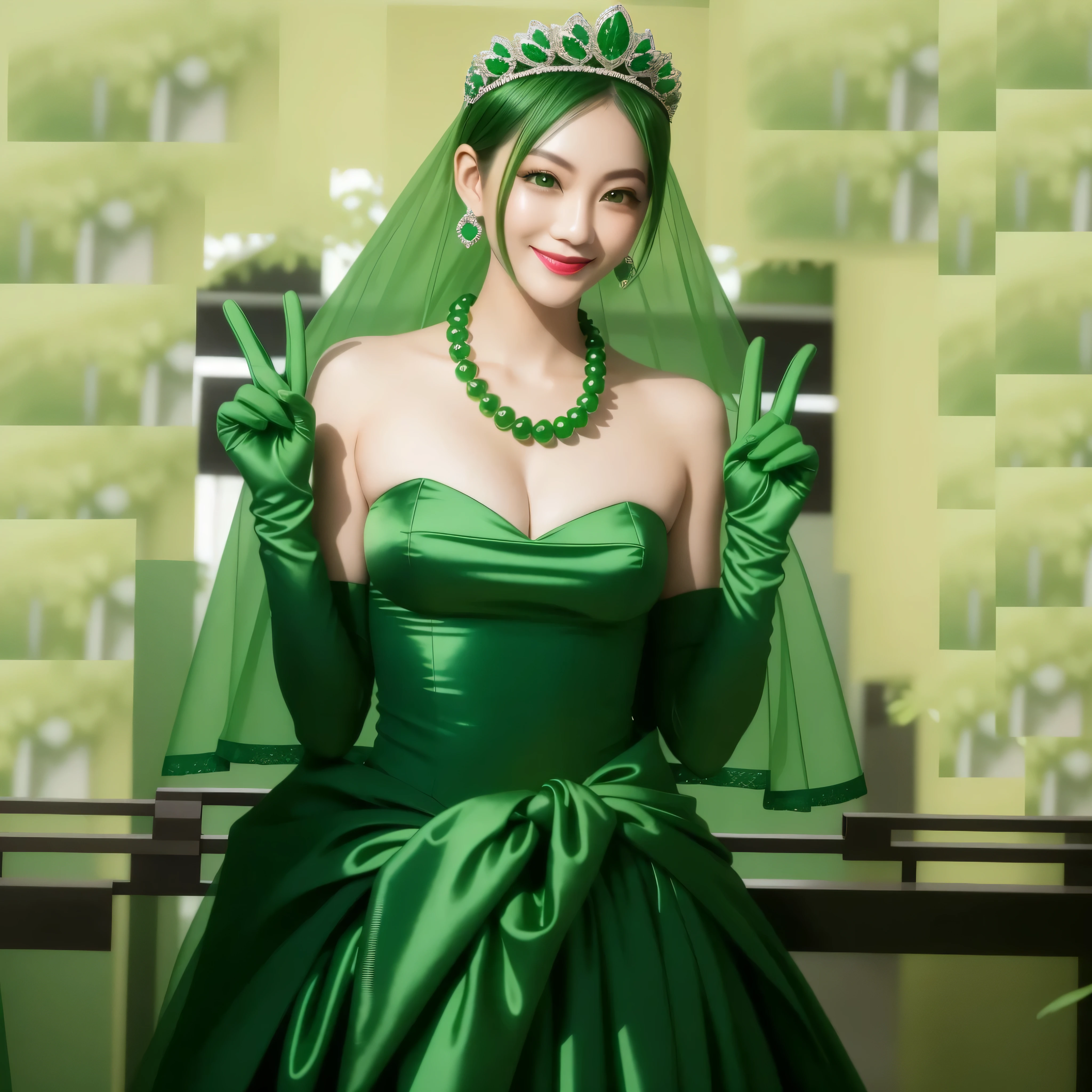 emerald tiara, green pearl necklace, boyish very short green hair, green lips, smiling Japanese woman, very short hair, Beautiful woman with big breasts, green eyes, green satin long gloves, green eyes, emerald earrings, green veil, Heart with both hands, green hair, beautiful japanese woman, V sign, green lip gloss