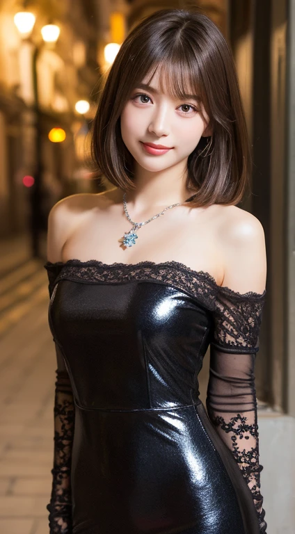 (happy expression:1.26)、Raw photo、(((Ultimate beauty full body photo shoot)))、((glowing skin))、1 girl、17 year old beautiful girl from Prague、bright look、((brown haired))、black lace dress、lean forward、big breasts thin waist、thin thighs、rich bust、Wink to the viewers、short sleeve、((Big eyes that shine like jewels))、shiny, glowing skin、(medium hair:1.2)、no makeup、beautiful bangs、hair between eyes、最high quality、Super detailed、film light、intricate details、High resolution、very detailed))、detailed background、8KUHD、Digital single-lens reflex camera、soft light、high quality、film grain、Fujifilm XT3 、shallow depth of field、natural soft light、Kamimei、Prague cityscape