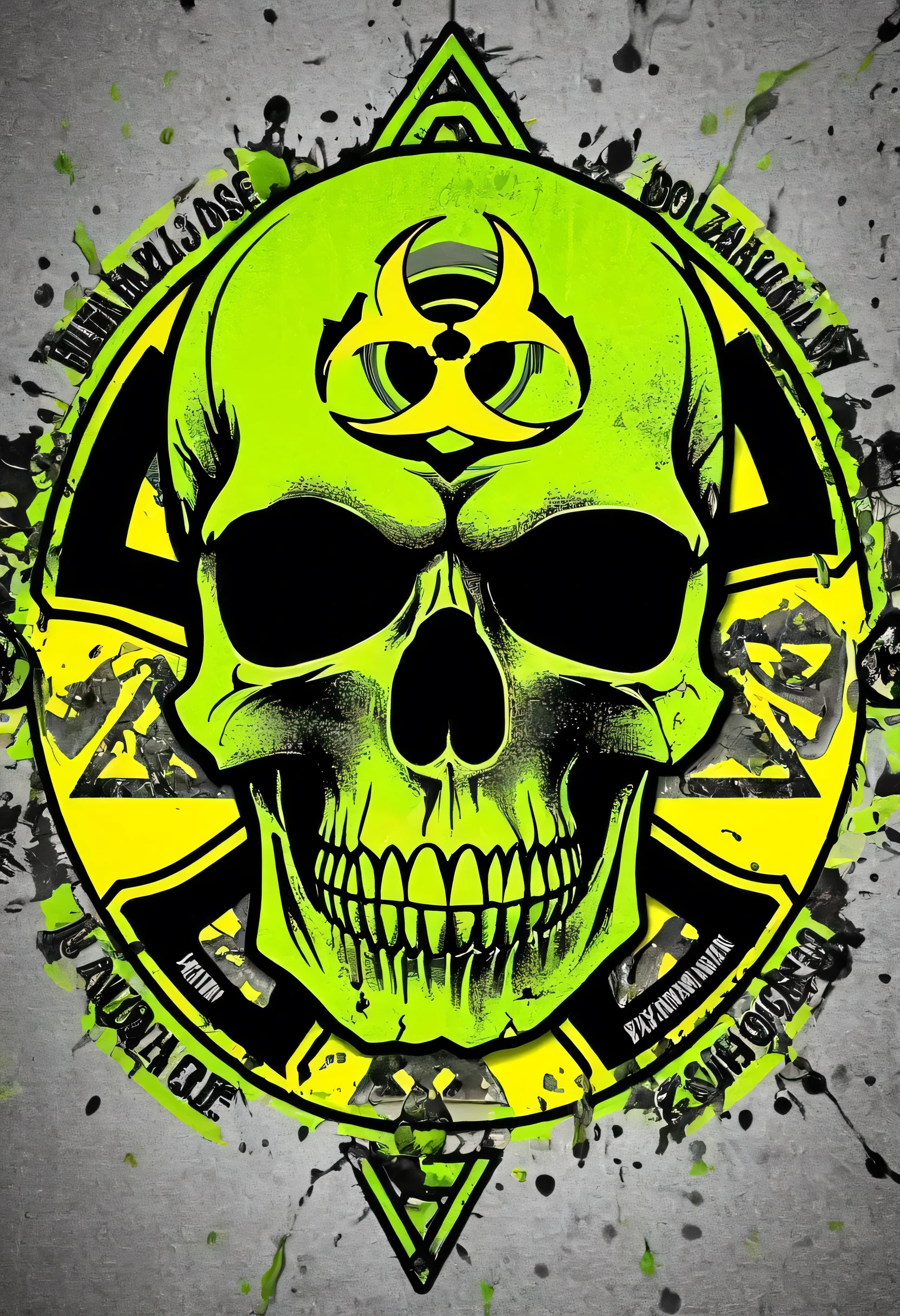 Skull in the center, surrounded by a toxic biohazard warning symbol in yellow and black, neon green background and accents, skull in grey, font at the bottom center with text "DEADLY DOSAGE"