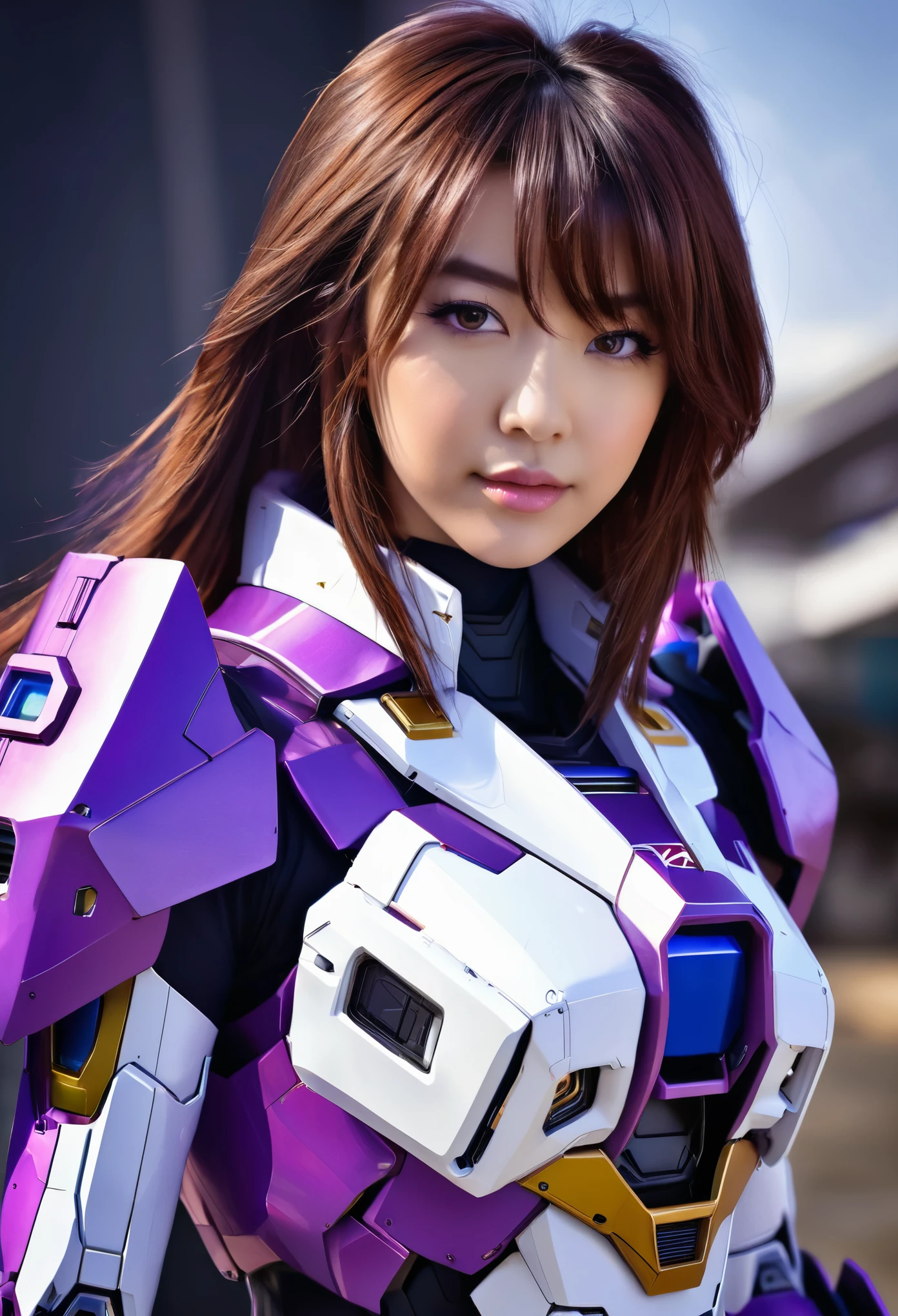 RAW, Masterpiece, Ultra Fine Photo,, Best Quality, Ultra High Resolution, Photorealistic, Sunlight, Full Body Portrait, Stunningly Beautiful,, Dynamic Poses, Delicate Face, Vibrant Eyes, a full body of a woman in a purple and white gundam custume, dybamic pose, long brown very very long hair rapunzel, girl in mecha cyber armor, portrait armored astronaut girl, d. va from overwatch, female mecha, on a gundam, gundam head, chiho aoshima color scheme, mobile suit, streamlined purple armor, fully robotic!! girl, realistic cosplay, gundam armor (dynamic pose) (best cameraview), full body, sit down, full body