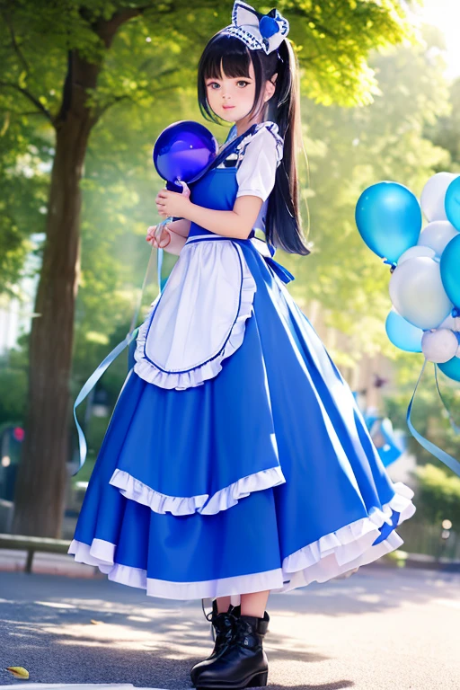 balloon seller girl, a ************ girls, (((she is having a blue balloon))) , real photo, (((full body))), (looking down at me),  bob hair, big ribbon on he hair, (apron, leather long skirt, boots), 