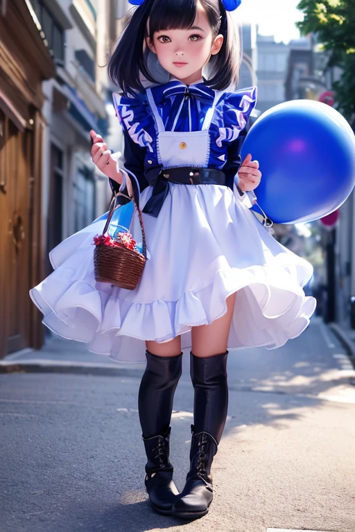 balloon seller girl, a ************ girls, (((she is having a blue balloon))) , real photo, (((full body))), (looking down at me),  bob hair, big ribbon on he hair, (apron, leather long skirt, boots), 