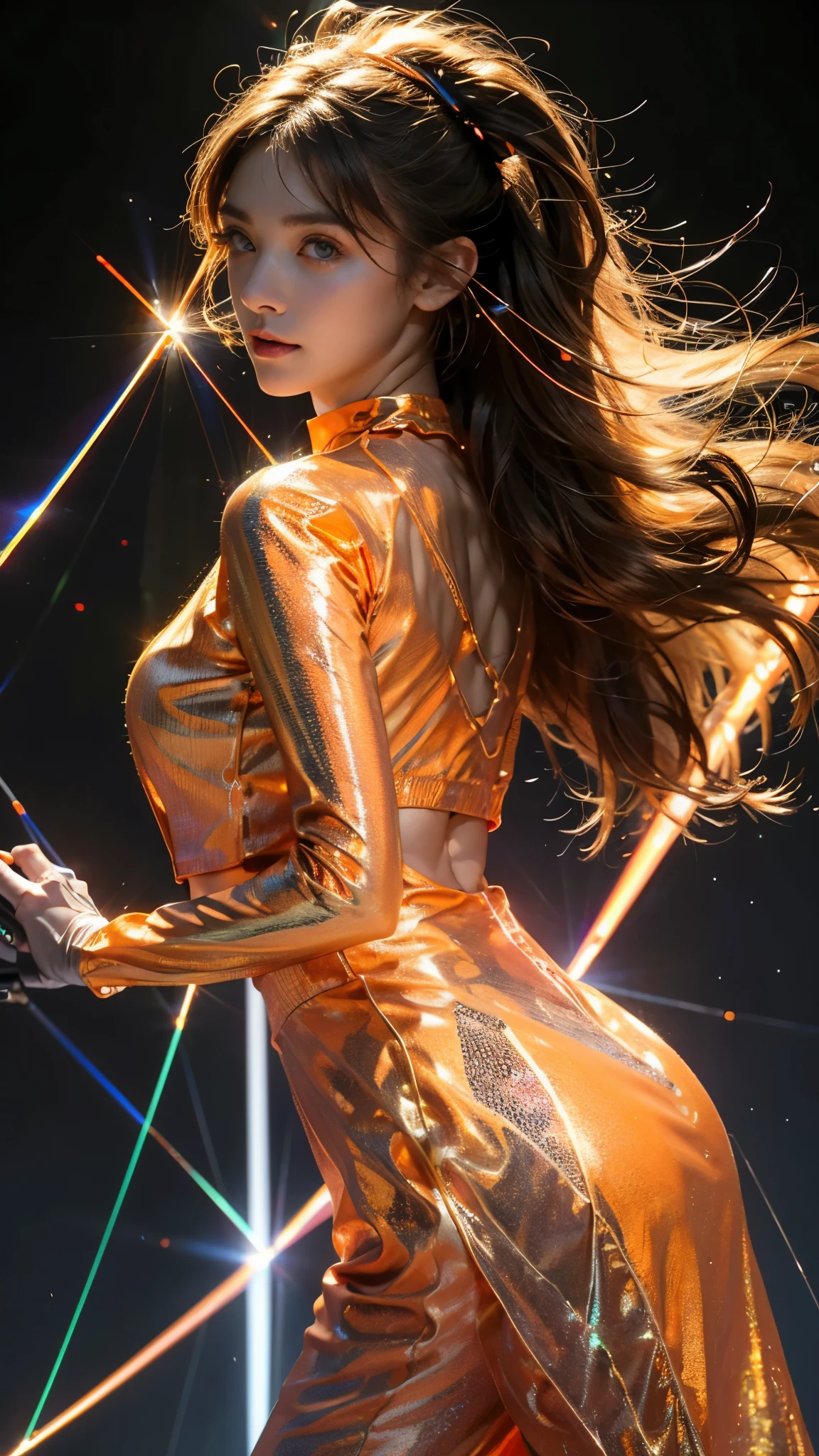 8K, ultra hd, masterpiece, 1 girl, (good face:1.4), detailed eyes, very long hair, impressive hairstyle, earings, necklace, small breasts, (glowing outfit:1.5), see-through, (orange laser outfit:1.5), Light-colored foundation brings out the skin, (in the dark:1.5), mystery, (laser lights:1.8), glowing lights, very decoration, The laser falls like water, perfect front body,