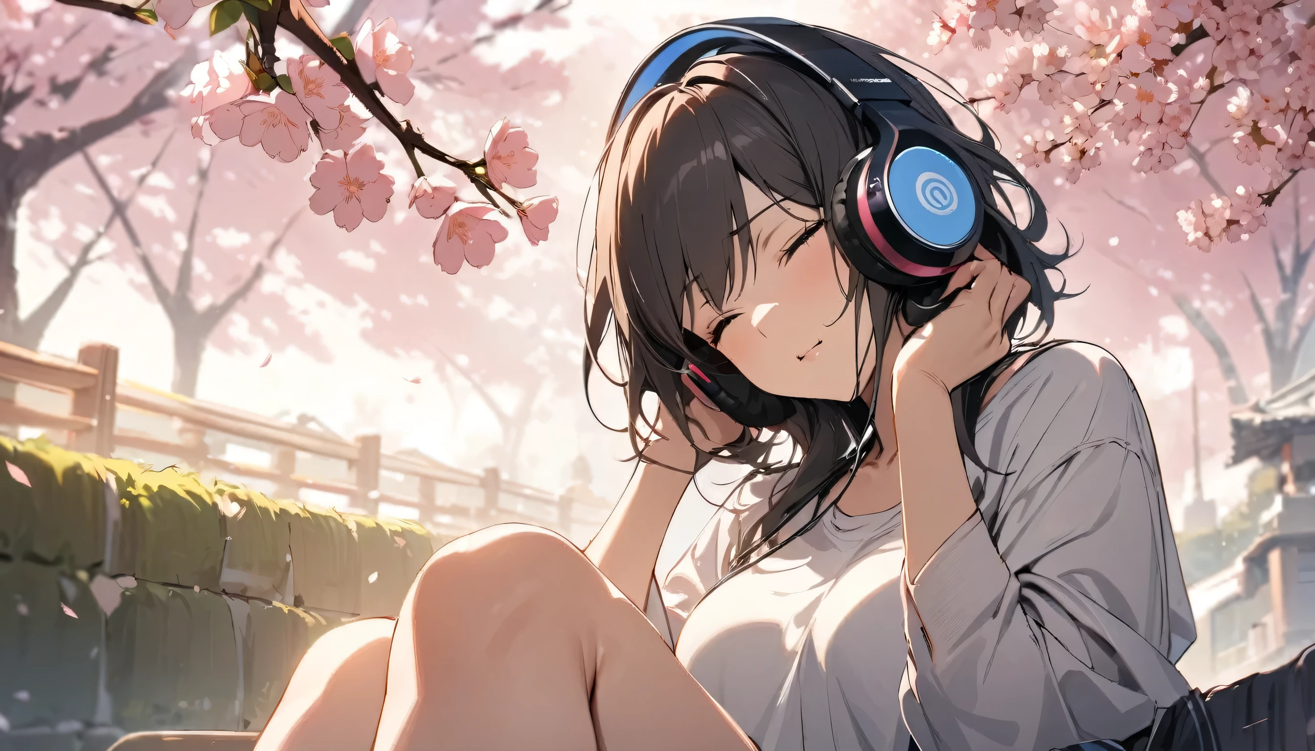 ((best quality)), ((masterpiece)), (detailed), perfect face, sitting under the cherry blossom tree, listening to music, One woman, wearing headphones, eyes closed, wearing underwear, underwear is transparent, sitting on a bench