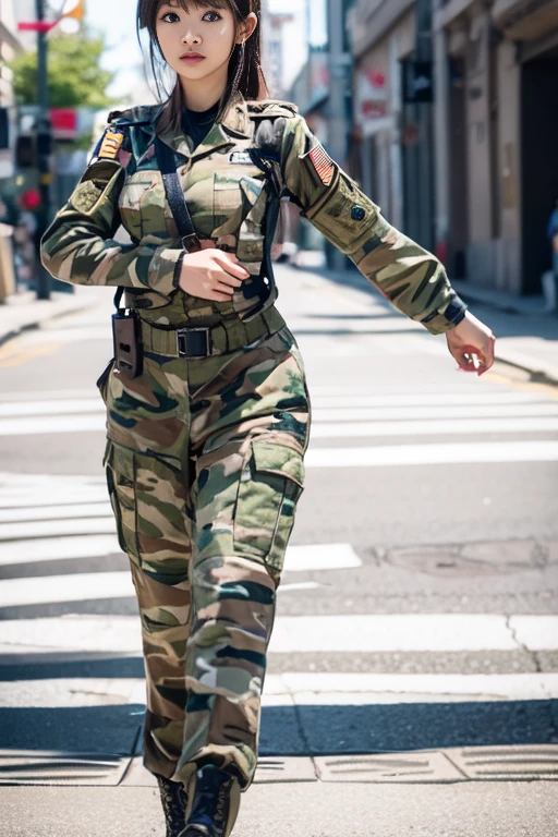 asian girl character dressed in military uniform walking down a street, mechanized soldier girl, dieselpunk soldier girl, infantry girl, soldier girl, military girl, female lead character, full body illustration, from girls frontline, portrait of a female soldier, official character illustration, 8K, masterpies, high resolution, focus on her every details