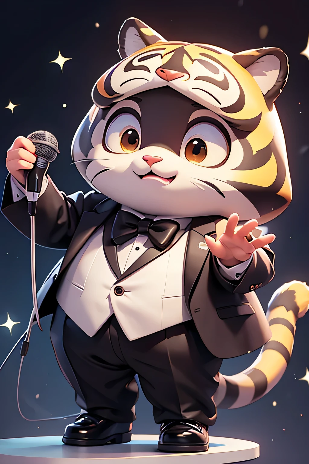 masterpiece, best quality, 1 cartoon tiger,Chubby, alone, Tuxedo,microphone,Bel Canto
