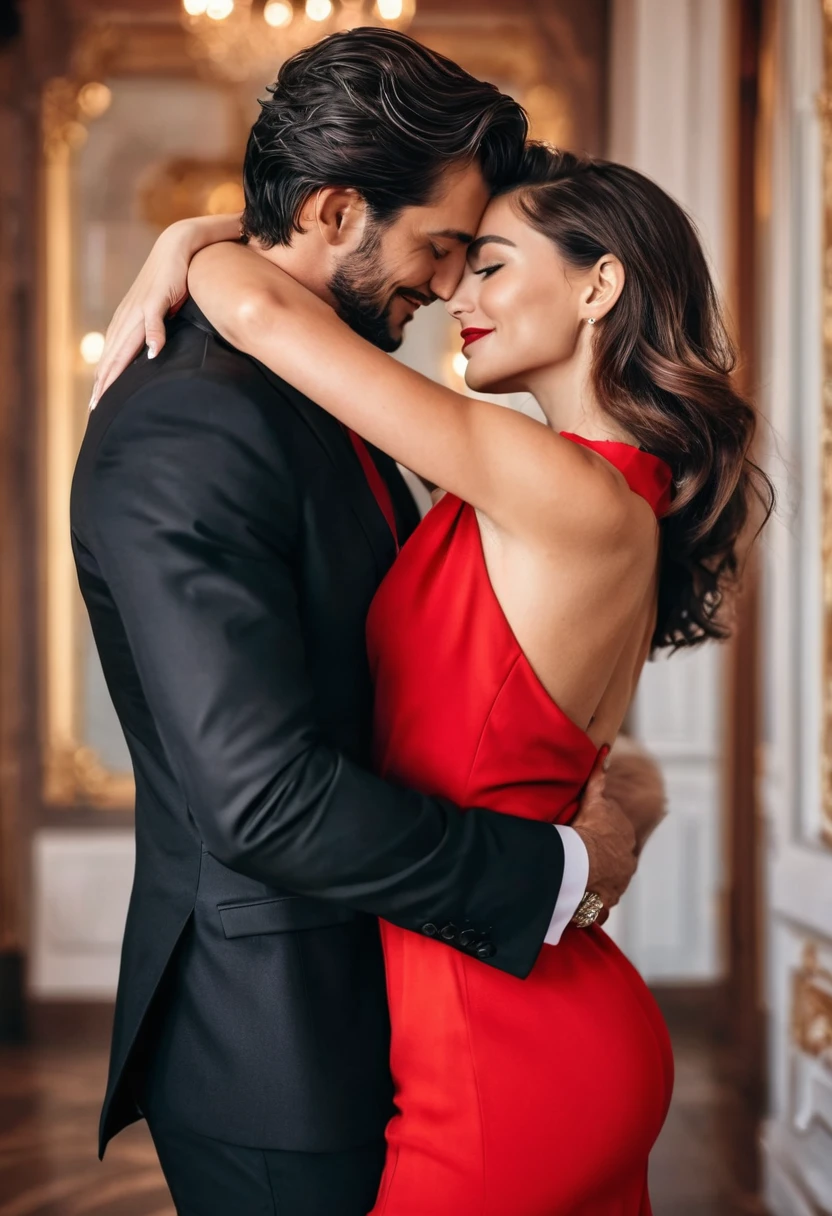 rompt
Woman in a red dress hugging a man in a black suit, romantic couple, beautiful couple,billionaire romance