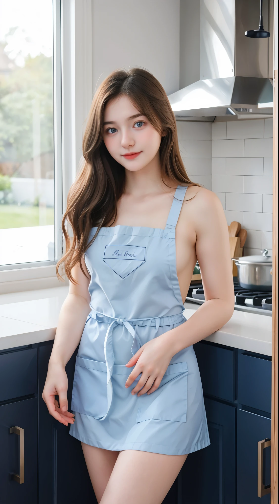 Gorgeus Girl, Beautiful, , 20 Years Old, White Skin, Beside, Sexy Pose, naked apron, Blue Eye, Bokeh, kitchen Background, Masterpiece, Fullbody Shot,