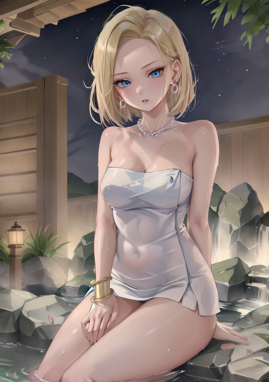 (kda),(and18, 1girl, android 18, solo, blonde hair, blue eyes, pearl_necklace, bracelet, short hair, earrings, large breasts),(naked towel), 
master piece,best quality,ultra detailed,8k, Cute,plump lips, 20s,waist slender, delicate, wet towel, transparent skin, open-air bath,japan,waterfall, glowing,Japanese inn,direct light,(hand between legs:1.3),(shoot from below1.2),shiny skin,wet skin