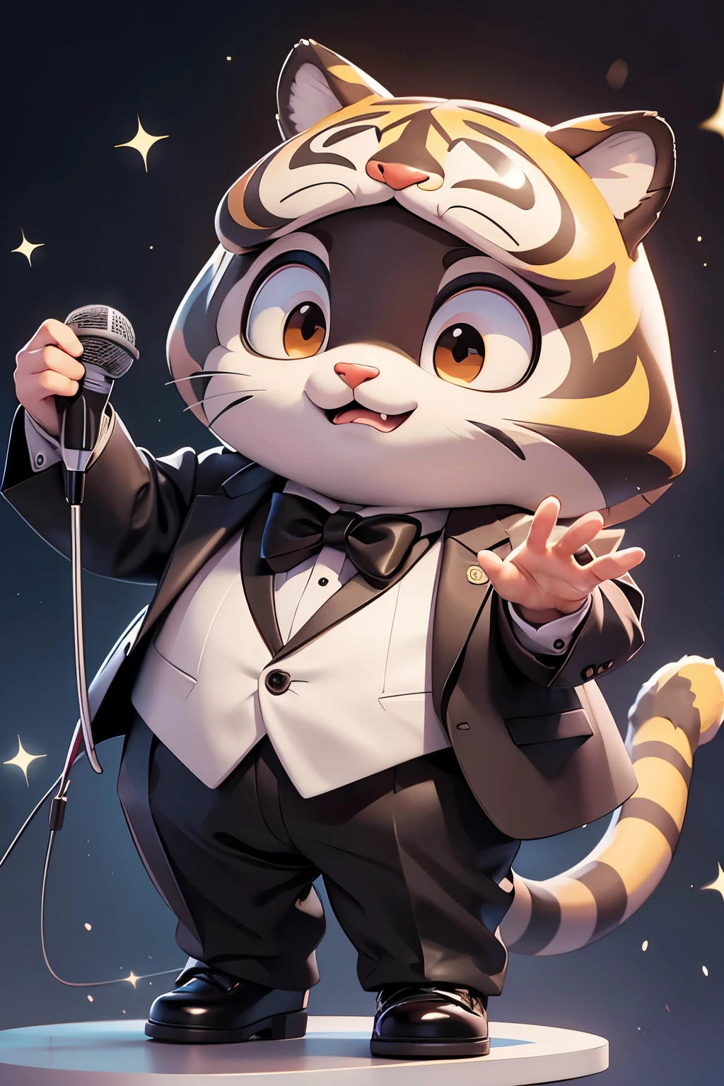 masterpiece, best quality, 1 cartoon tiger，Chubby, alone, Tuxedo，microphone，Bel Canto，Square Image
