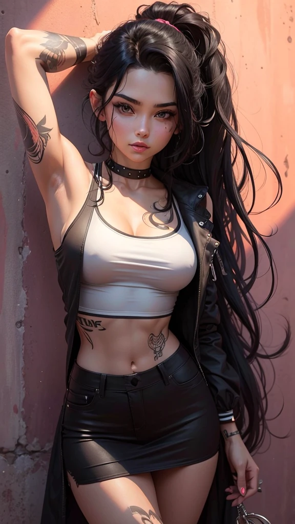 Beautiful girl, slim fit body, tank top, tattooed body , black hair 