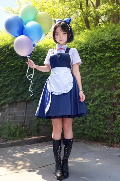 balloon seller girl, a ************ girls, (((she is having a blue balloon))) , real photo, (((full body))), (looking down at me),  bob hair, big ribbon on he hair, (apron, leather long skirt, boots), 