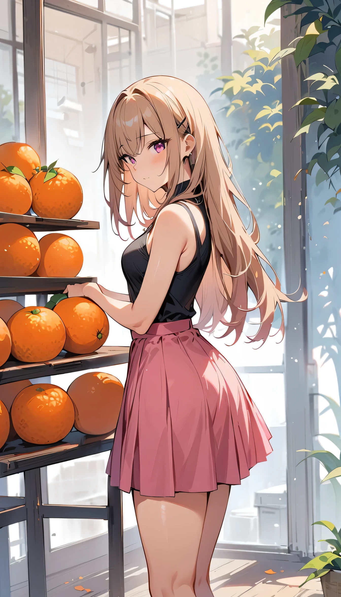 (masterpiece, best quality:1.2), 1 girl, alone,permanent_,
Mandarin oranges, long hair,black sleeveless short vest,pink skirt,Black