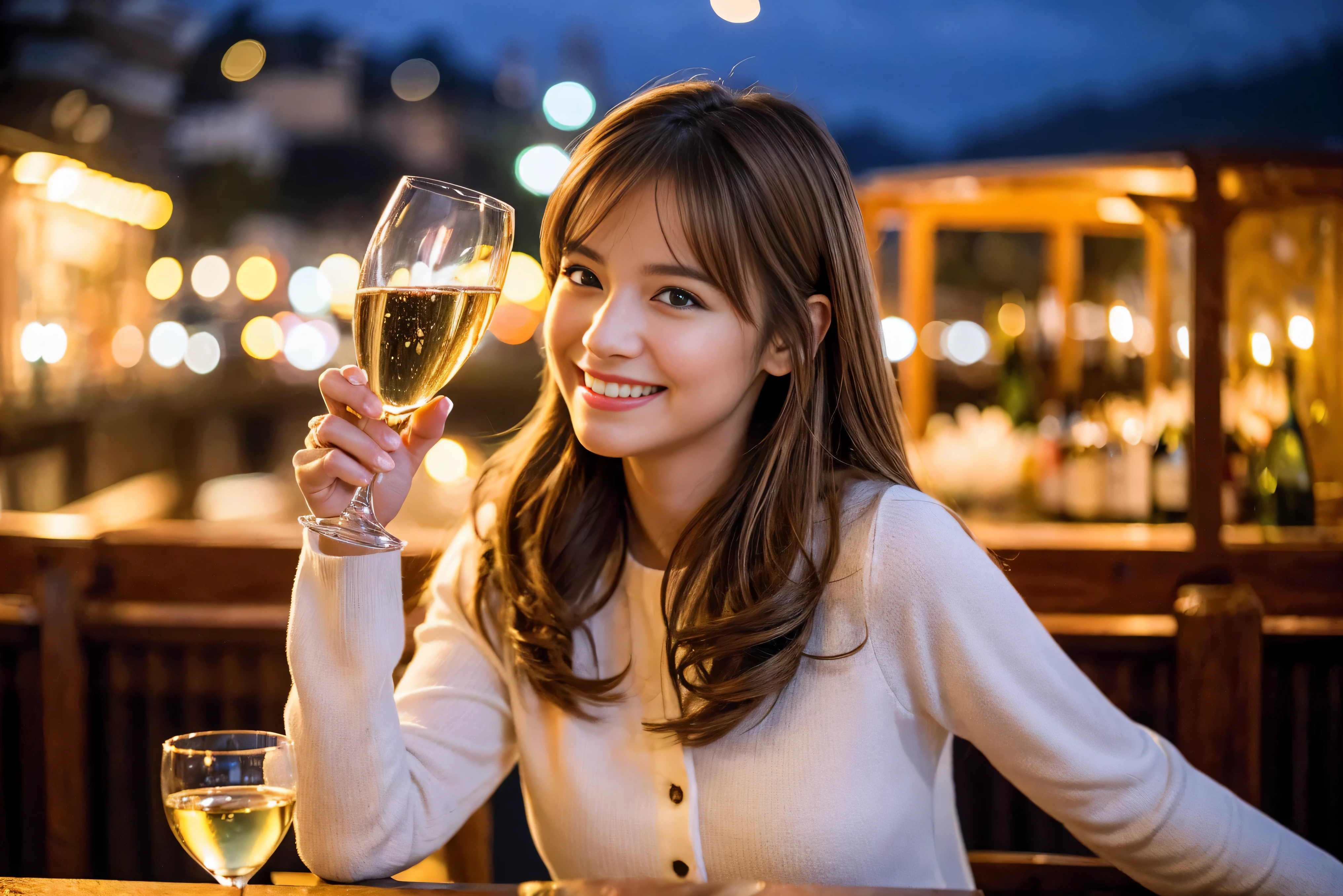 highest quality, ultra high resolution, genuine, photogenuineistic, 8K, break, Super fashion model, Japanese, (full body:1.4), break, Slim body、A bright smile、Slim beauty、highly detailed hair, shiny light brown hair, detailed face, highly detailed eyes, brown eyes, fine skin, (white skin), lip details, (smile, drunk), Natural light,Spectacular view of the sunset sky and clouds、Amazing mountain views、A lovely woman with a smile、The woman&#39;s face is bright、fox face、lady、Wine Party、hors d'oeuvre、Italian food、2 beauties、brown hair、shortcut、long sleeve shirt、winter fashion、dress、Japanese、Englishman、Dutch、German、Belgian、Italian、French,wine bottle、hors d'oeuvre、Champagne、sparkling wine、Pretty Woman 1, (slim face), (Because I&#39;m slender), (brown hair), (shortcut), cheeks turn a little red, (40 years old), 38 years old, attractive beauty、, A beautiful and detailed night view spreads out outside the window.........., restaurant, sitting in a wine glass, At night, in a prominent place (from the waist up) nova frog style, actress, model, Upper body, White wine, slim, wine glass, very beautiful night view, wine glass placed in the middle, Smile, (smile: 1.15), beautiful small eyes, 