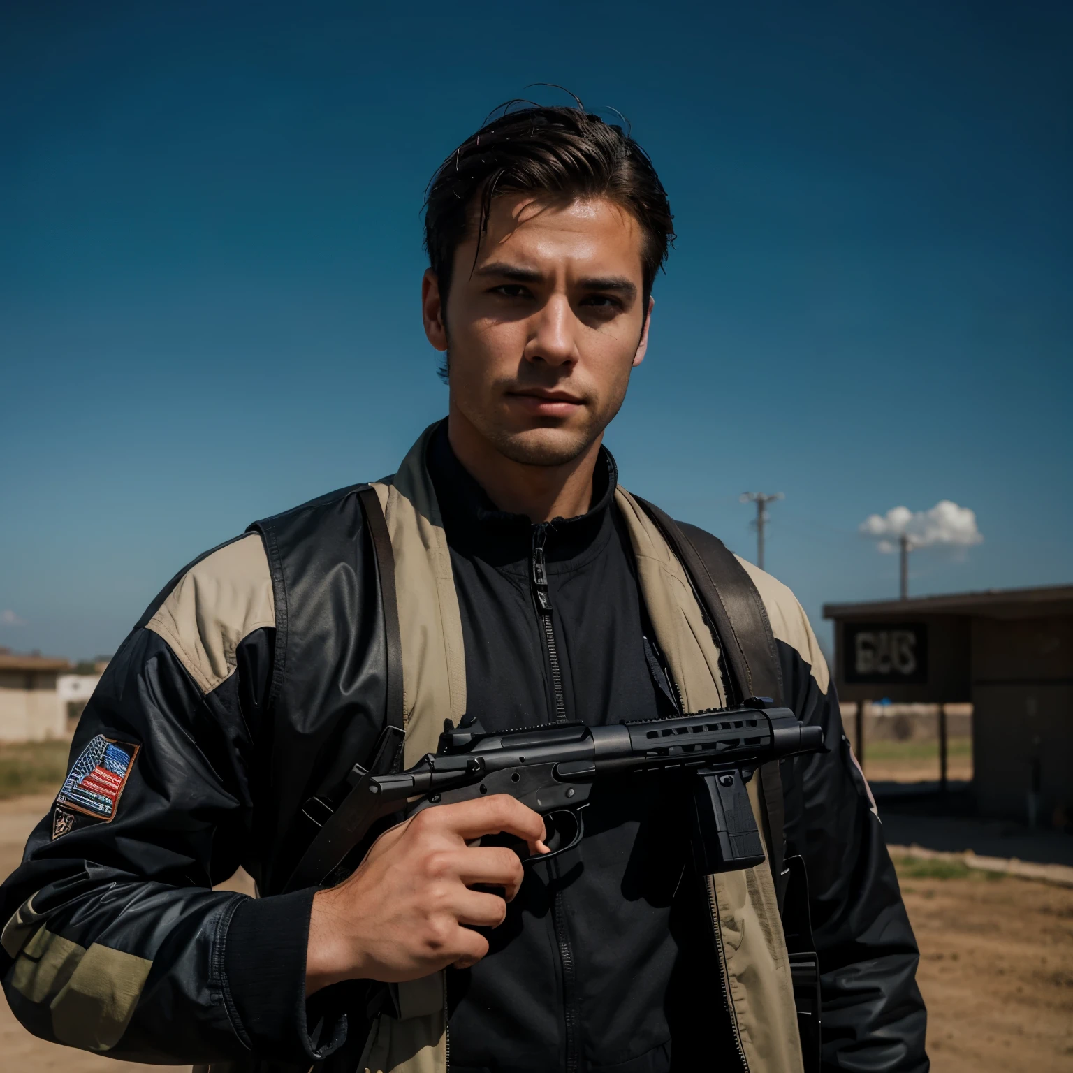 Handsome man holding 2 guns staring at the sky