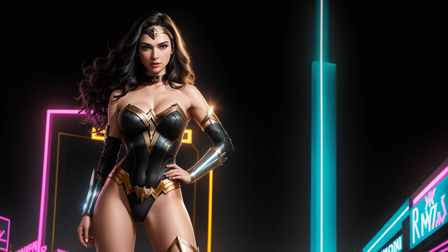 there IS GAL GADOT AS WONDER WOMAN standing, long hair, 3 d neon art of a womans body, neon-noir background, cyberpunk femme fatale, seductive cyberpunk dark fantasy, cyberpunk strip clubs, cyberpunk 20 y. o model girl, oppai cyberpunk, banner, high definition cgsociety, cgsociety masterpiece, trending on cgstation, kda, random hair, looking at camera, gigantic breasts, cleavage, (high detailed skin:1.2), 8k uhd, dslr, super lighting, high quality, film grain, high res, highly detailed, hyper realistic, beautiful face, beautiful body, beautiful eyes nose lips, alluring expression, very bold, upper visible, full body photo, standing legs apart, pale translucent glowing skin, most beautiful face, cute, (well defined pubic hair:1.2)), (dark plain black background:1.4))