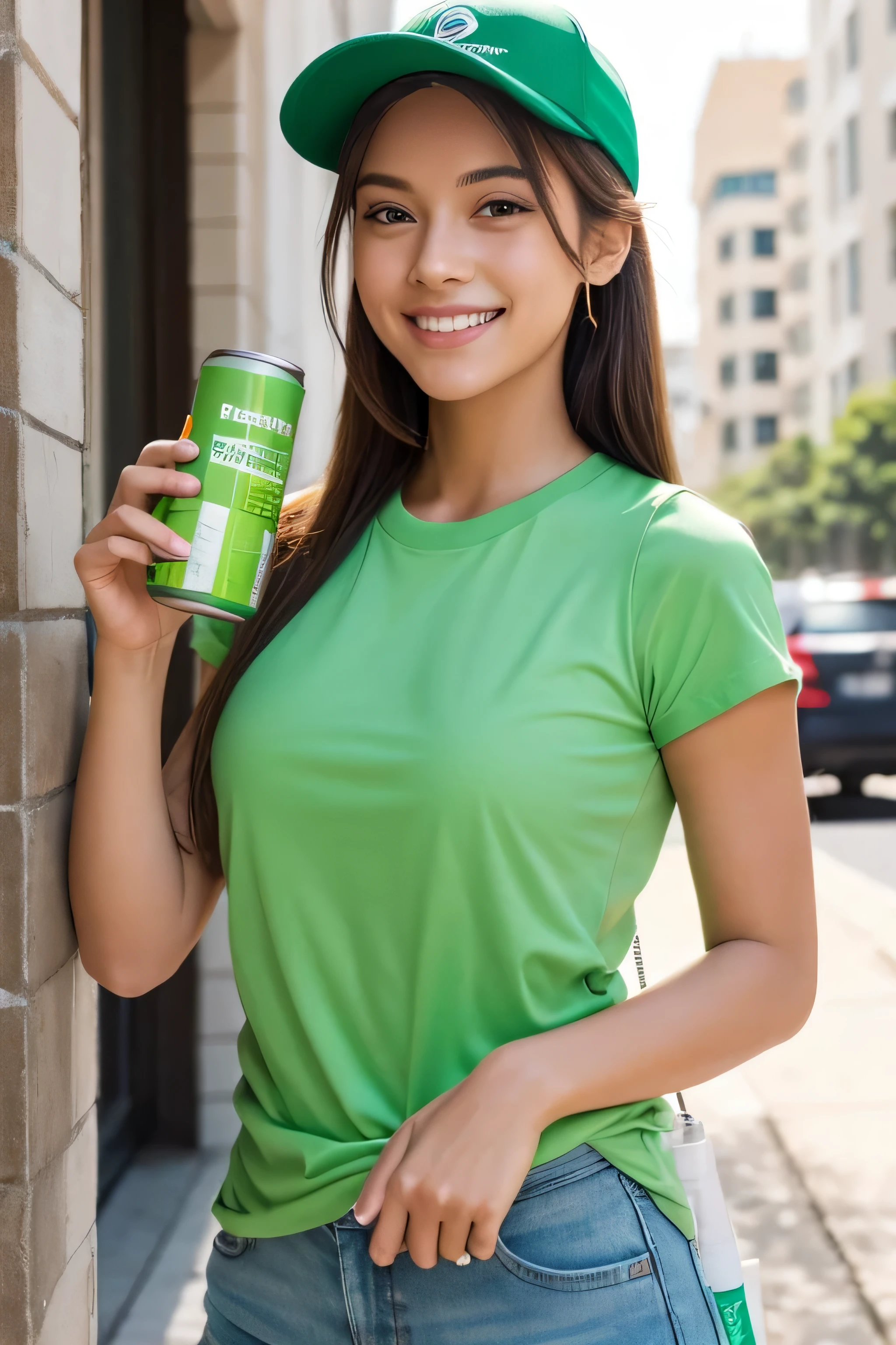 beautiful girl, in a light green T-shirt, in an orange cap, holding a can of protein in his hands, smiling