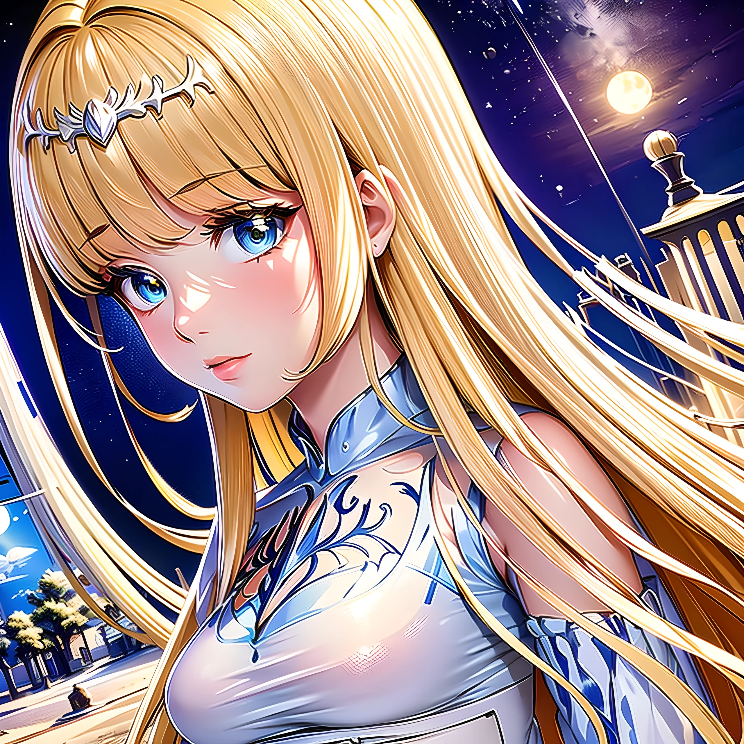 (masterpiece, highest quality, highest quality, official art, beautiful and aesthetic:1.2), (1 girl), very detailed,(fractal art:1.3),colorful,most detailed,blonde long hair,Moonlight night,rose, 1girl,solo, Calca, Calca Bessarez, blonde hair, extremely long hair, very long hair, white tiara, silver tiara, white dress, blue eyes, medium chest