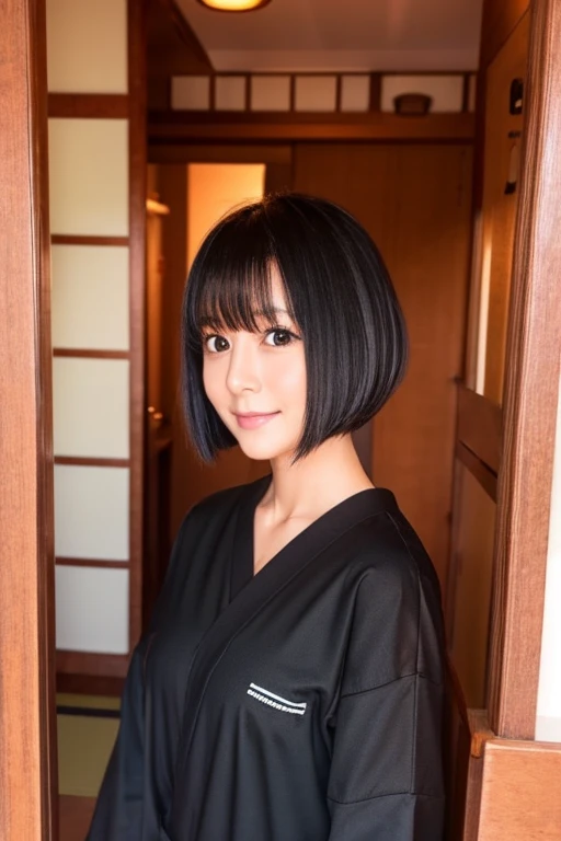 Black short straight hair、tight、Japanese style room