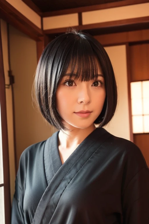 Black short straight hair、tight、Japanese style room