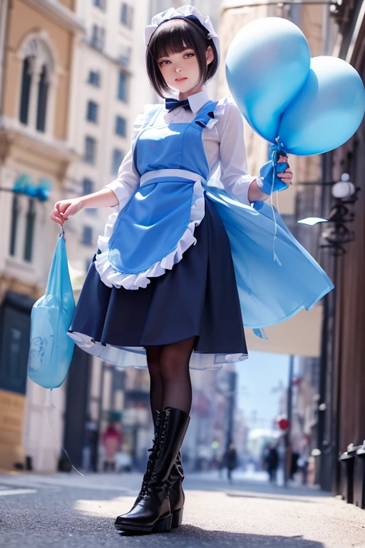 balloon seller girl, a ************ girls, (((she is having a blue balloon))) , real photo, (((full body))), (looking down at me),  bob hair, big ribbon on he hair, (apron, leather long skirt, boots), 