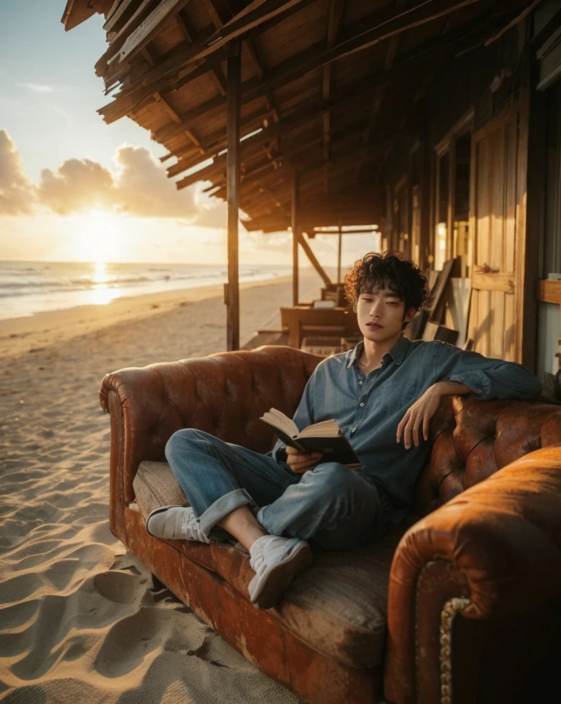 High angle camera, a Korean man with curly hair sitting on a sofa, an old burnt sofa, reading a book, relaxing, on the beach, calm atmosphere with the sunset, sitting facing the beach on the grass, cinematic portrait, advertising shoot, looking at the camera